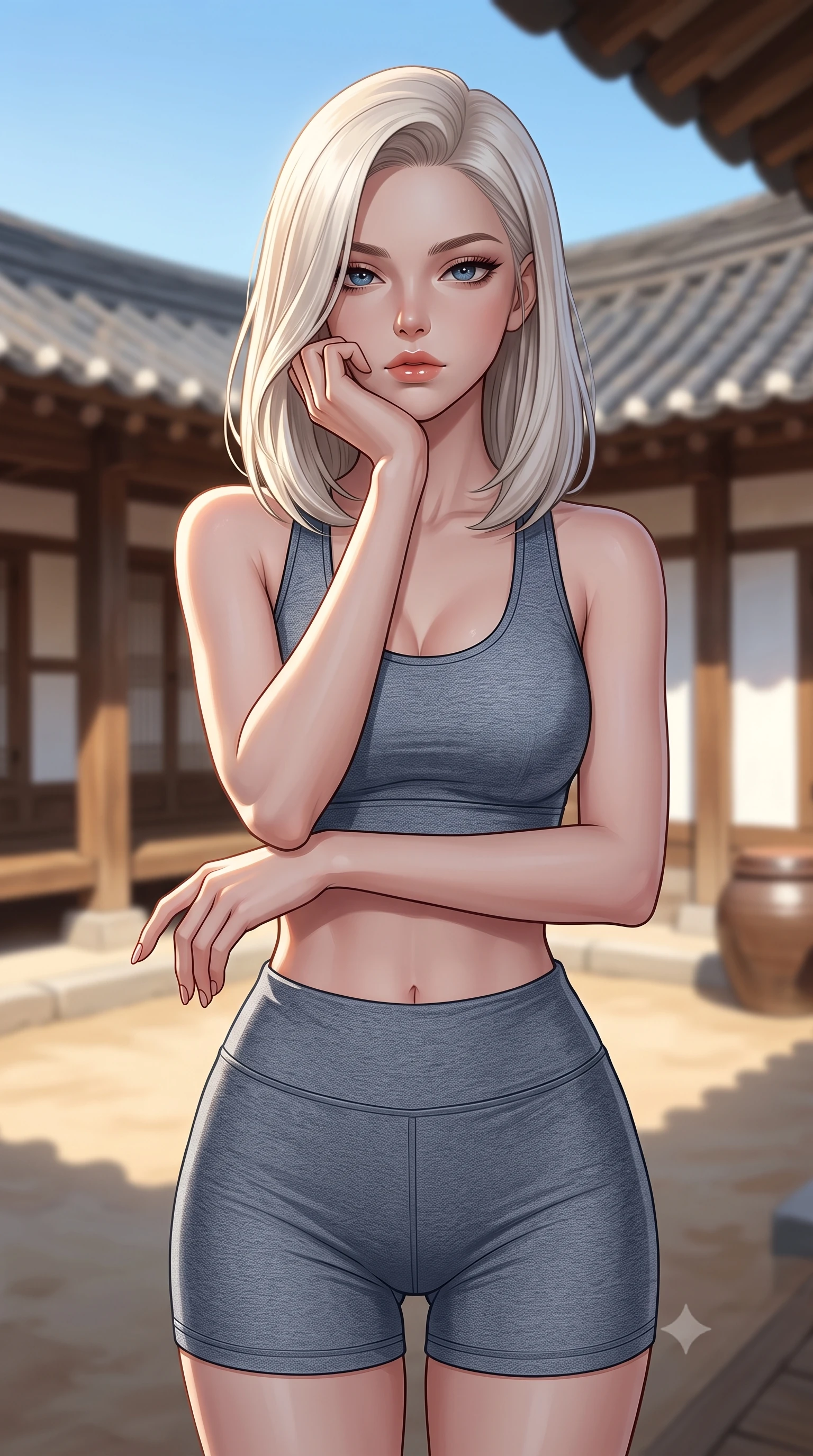 score_9, masterpiece, best quality, ultra-detailed, high-budget anime keyframe, editorial fashion photography, tasteful artistic composition, Caucasian woman woman. close-up cowboy shot from the waist and thighs up, the character dominates the composition, filling the frame with her large presence, background elements kept in soft focus. resting her chin on the backs of her fingers, casting a heavy-lidded, sultry look past the camera the background shows a soft-focus a quiet clay-and-stone courtyard of a traditional Korean hanok house under a blue sky. She has an exceptionally elegant, slender, and willowy female figure with an ultra-slim waist, a gracefully sculpted slender torso, and a refined silhouette. sharp v-shaped jawline, high-bridge nose, intricate jewel-like eyes with depth, thick eyelashes, glossy lips with a natural sheen. wearing a form-contouring body-hugging athletic crop top and high-waisted shorts set in slate grey. bright afternoon sunlight reflecting off the tiled roof and wooden pillars. 2k, ultra detail, master piece, 9:16 ratio