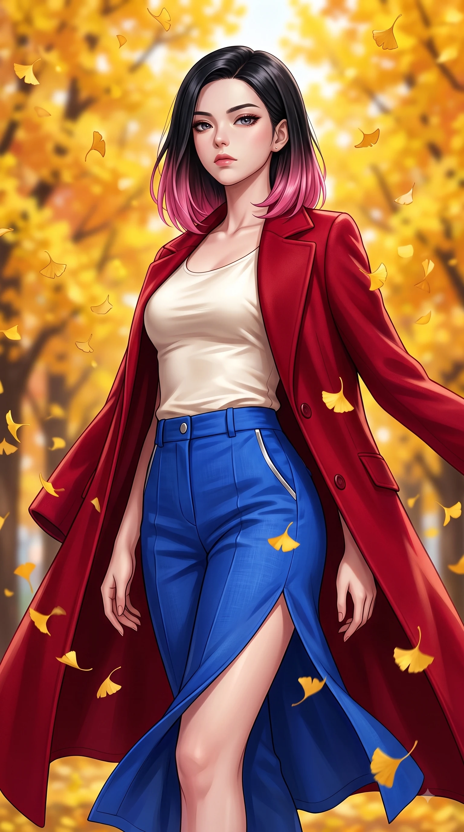 score_9, masterpiece, best quality, ultra-detailed, high-budget anime keyframe, editorial fashion photography, tasteful artistic composition, Korean woman. close-up cowboy shot from the waist and thighs up, the character dominates the composition, filling the frame with her large presence. Cool disdainful expression looking past the camera with effortless superiority and a stoic facial line while pivoting gracefully as golden ginkgo leaves flutter down like gold rain around her. The composition keeps background elements in soft focus with dreamy bokeh. vibrant yellow and orange tree arcades blurring smoothly behind her fashion silhouette. She has an exceptionally elegant, slender, and willowy female figure with an ultra-slim waist, a gracefully sculpted slender torso, and a refined silhouette. sharp v-shaped jawline, high-bridge nose, intricate jewel-like eyes with depth, thick eyelashes, glossy lips with a natural sheen, flawlessly proportioned anatomical accuracy, natural body alignment, perfectly sculpted elegant limbs, clean dynamic posture without body distortion. wearing a tailored crimson red wool coat over a fitted ivory silk top and tailored trousers in electric cobalt blue and polished silver accent, crafted from soft breathable Italian linen, finished with a sleek side slit ascending to mid-thigh, the fluid drape swaying gracefully with her dynamic editorial movement. surrounded by a crisp, romantic, and vibrant autumn editorial atmosphere. highly saturated vibrant anime colors, detailed shading with soft gradients, rich glossy textures, high-contrast stereoscopic depth, volumetric dynamic lighting, master piece, 9:16 ratio