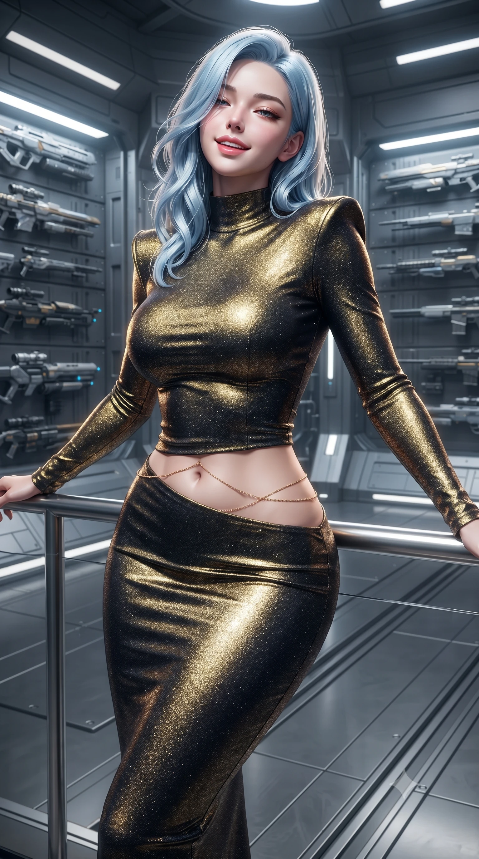 score_9, masterpiece, best quality, ultra-detailed, high-budget anime keyframe, editorial fashion photography, tasteful artistic composition, Korean woman. close-up cowboy shot from the waist and thighs up, the character dominates the composition, filling the frame with her large presence. leaning back against the balustrade with relaxed seductive grace, head tilted back slightly while casting a hypnotic, heavy-lidded gaze while standing poised on the magnetic guidance track in the cavernous zero-g armory, arching her spine with commanding haute-couture charisma as sleek armor-piercing sabots float in magnetic lock racks. The surrounding environment is rendered in vivid detail and crisp panoramic clarity: detailed garment construction, tactical leather sheen, and monumental orbital weapons bay in high resolution. She has an exceptionally elegant, slender, and willowy female figure with an ultra-slim waist, flat toned midriff, narrow ribcage, and sculpted feminine hips creating an alluring, slim hourglass silhouette without bulk. sharp v-shaped jawline, high-bridge nose, intricate jewel-like sparkling eyes with depth, thick eyelashes, glossy parted lips with a natural peach sheen, bright cheerful beaming smile with an enchanting and coquettish sensual glint, exuding both youthful cute charm and seductive allure, flawlessly proportioned anatomical accuracy, strict slender model proportions, natural body alignment, perfectly sculpted long slender limbs, ultra-slim waistline, clean dynamic posture without body distortion. wearing a body-hugging liquid mercury jersey combat gown with high mock neck and structured shoulder pads clinging flawlessly to her silhouette in solar-wind gold and deep space void black, woven from stretch metallic lurex jersey casting radiant starlight glints across her curves, accented with a dainty gold belly chain resting across her flat midriff and curving hips, the impeccably tailored cut draping gracefully along her slender figure with aristocratic poise. illuminated by dark titanium floor reflection bounce and sharp platinum-amber rim lights sculpting her jawline, narrow waist, and curvy hips. ultra-reflective glossy finish, specular highlights, rich textural contrasts, high-contrast stereoscopic depth, volumetric dynamic lighting, 2k, ultra detail, master piece, 9:16 ratio