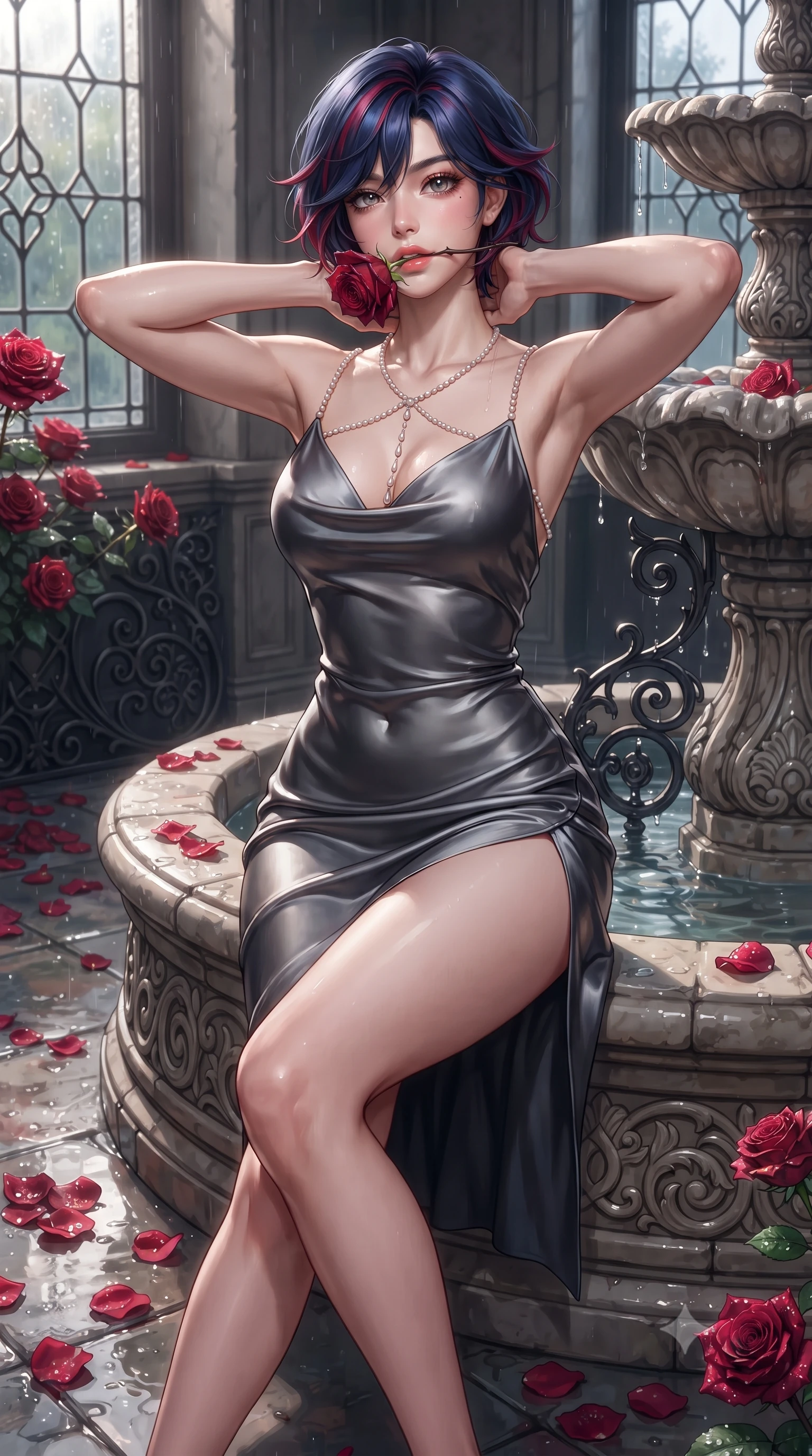 score_9, masterpiece, best quality, ultra-detailed, high-budget anime keyframe, editorial fashion photography, tasteful artistic composition, Korean woman. close-up cowboy shot from the waist and thighs up, the character dominates the composition, filling the frame with her large presence. resting both hands lightly behind her neck with elbows raised, arching her spine to highlight her narrow waist, flat midriff, and breathtaking collarbones while sitting perched on the carved stone fountain rim with legs crossed, holding a thorny deep-red rose near her parted glossy lips. The surrounding environment is rendered in vivid detail and crisp panoramic clarity: sharp deep-pile red rose petal dew droplets, cast-iron filigree scrollwork, and leaded glass window cames in deep focus. She has an exceptionally elegant, slender, and willowy female figure with an ultra-slim waist, flat toned midriff, narrow ribcage, and sculpted feminine hips creating an alluring, slim hourglass silhouette without bulk. sharp v-shaped jawline, high-bridge nose, sparkling eyes with hypnotic seductive depth, thick curled eyelashes, glossy parted lips with a natural dewy peach sheen, alluring bedroom-eyes with an enchanting coquettish smile, exuding magnetic siren charisma and sophisticated glamour, flawlessly proportioned anatomical accuracy, strict slender model proportions, natural body alignment, perfectly sculpted long slender limbs, ultra-slim waistline, clean dynamic posture without body distortion. wearing a low-cut draped cowl-back satin slip mini dress with dainty pearl spaghetti straps and hip-hugging silhouette in molten liquid silver and midnight charcoal with platinum highlights, crafted from fluid liquid silk satin that clings smoothly to every curve with a dewy sheen, accented with a pearl-drop body harness subtly framing her dewy collarbones and spine, the high-slit wrap tailoring accentuating her ultra-slim waistline and the enchanting curve of her feminine hips with alluring seductive charm. illuminated by wet stone floor reflections and sharp platinum rim lights defining her delicate clavicles, ultra-slim waist, and curvy hips. ultra-reflective glossy finish, specular highlights, rich textural contrasts, high-contrast stereoscopic depth, volumetric dynamic lighting, 2k, ultra detail, master piece, 9:16 ratio