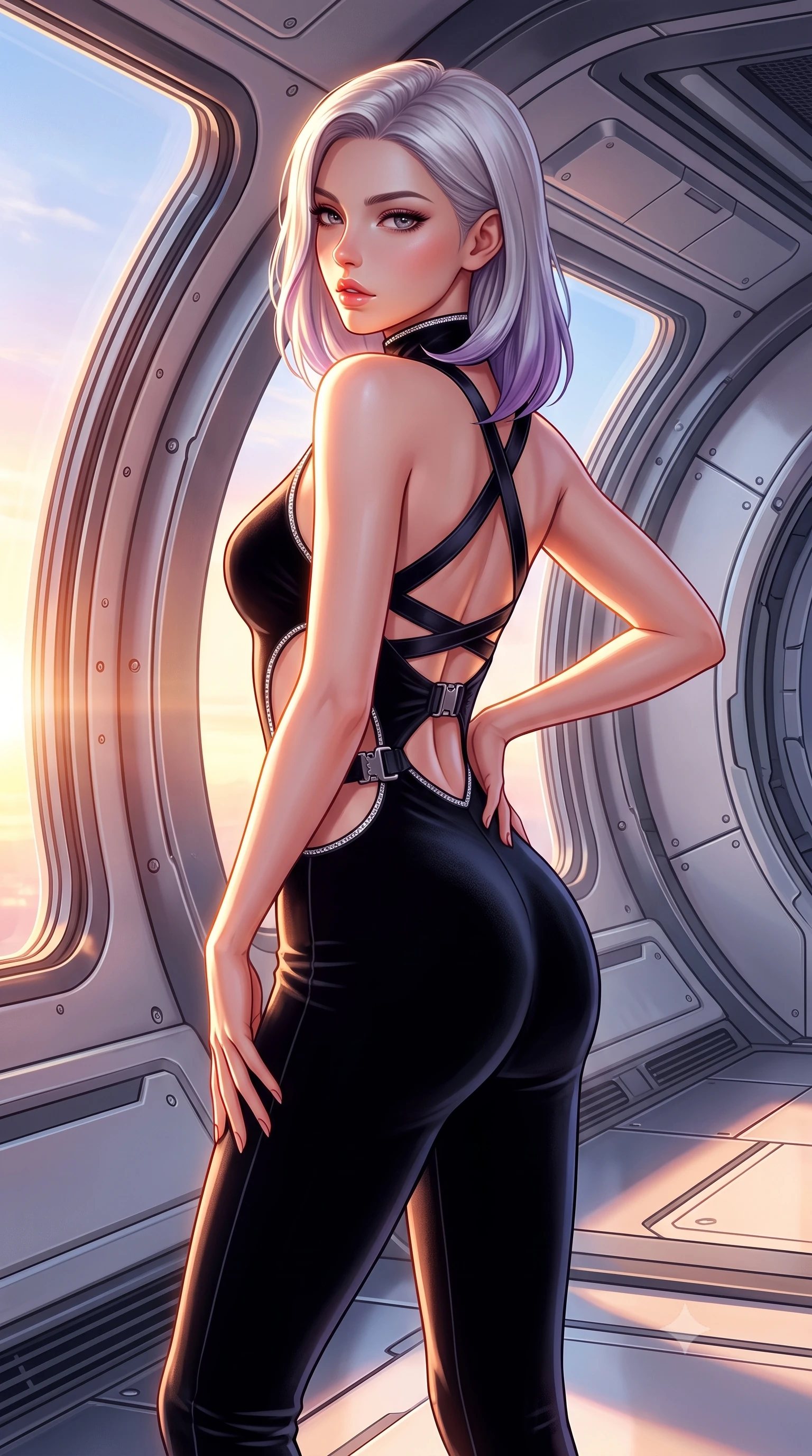 score_9, masterpiece, best quality, ultra-detailed, high-budget anime keyframe, semi-realistic 3D game render, editorial fashion photography, tasteful artistic composition, Caucasian woman. close-up cowboy shot from the waist and thighs up, the character dominates the composition, filling the frame with her large presence. posing in an alluring rear three-quarter angle, arching her lower back in a pronounced S-curve with one hand on her hip, glancing seductively over her bare shoulder with parted glossy lips while floating weightlessly beside an architectural titanium lounge ring, arching her spine in a fluid, dancer-like line as orbital sunrise floods her silhouette. The surrounding environment is rendered in vivid detail and crisp panoramic clarity. sharp curved station viewport frames, titanium bulkhead rivets, and magnetic deck seams in deep focus. She has an exceptionally elegant, slender, and willowy female figure with an ultra-slim waist, flat toned midriff, narrow ribcage, and sculpted feminine hips creating an alluring, slim hourglass silhouette without bulk. sharp v-shaped jawline, high-bridge nose, intricate jewel-like eyes with depth, thick eyelashes, glossy parted lips with a natural sheen, intensely captivating and seductive bedroom-eyes expression, flawlessly proportioned anatomical accuracy, strict slender model proportions, natural body alignment, perfectly sculpted long slender limbs, ultra-slim waistline, clean dynamic posture without body distortion. wearing a high-collar speedsuit featuring bold side-torso cutouts and quick-release titanium buckles in pitch-black velvet with diamond crystal trim, tailored from liquid silk jersey adhering flawlessly to her slender build, finished with criss-cross back satin straps highlighting her graceful shoulder blades, the glove-like aerodynamic silhouette tightly following the natural contour of her hips and long slender legs with statuesque 8.5-heads elegance. surrounded by a celestial, sovereign, and breathlessly magnificent orbital empress aura. highly saturated vibrant anime colors, detailed shading with soft gradients, rich glossy textures, high-contrast stereoscopic depth, volumetric dynamic lighting, master piece, 9:16 ratio