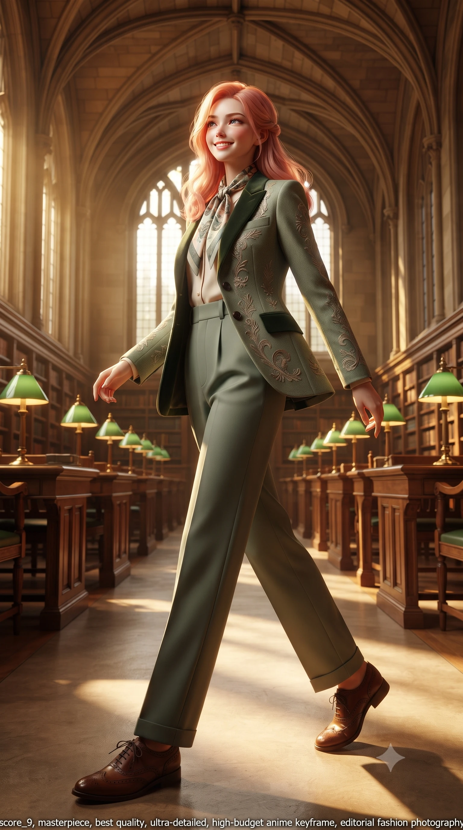 score_9, masterpiece, best quality, ultra-detailed, high-budget anime keyframe, editorial fashion photography, tasteful artistic composition, Japanese woman. low angle full-body shot from head to toe showing her feet, filling the entire 9:16 vertical frame with her statuesque presence, stretching her vertical silhouette. stepping forward gracefully in mid-motion with a radiant beaming smile, her long tailored coat fluttering around her slender legs while walking slowly down the grand vaulted central aisle between green banker desk lamps, turning with effortless aristocratic grace. The surrounding environment is rendered in vivid detail and crisp panoramic clarity: detailed bespoke Prince of Wales check blazer tailoring, horn button textures, and historic Oxford architecture in razor-sharp precision. She has an exceptionally tall and slender model-like 8.5-heads proportion, an ultra-slim waist, a flat toned midriff, narrow delicate ribcage, and beautifully sculpted feminine hips creating a graceful, slim hourglass silhouette without any bulky heaviness, with impossibly long slender legs. sharp v-shaped jawline, high-bridge nose, intricate jewel-like sparkling eyes with depth, thick eyelashes, glossy parted lips with a natural peach sheen, bright cheerful beaming smile with an enchanting and coquettish sensual glint, exuding both youthful cute charm and seductive allure, flawlessly proportioned anatomical accuracy, strict slender model proportions, natural body alignment, perfectly sculpted long slender limbs, ultra-slim waistline, clean dynamic posture without body distortion. wearing a retro Art Deco embroidered wool blazer with velvet lapels paired with high-waisted pressed trousers in misty Arashiyama bamboo green and slate grey, woven from fine Australian merino wool with a smooth fluid drape and subtle sheen, finished with a printed silk twilly scarf knotted gracefully around her neck, the expertly draped wool fabric falling in crisp fluid lines along her tall 8.5-heads silhouette, celebrating her slender frame without excess fabric bulk. bathed in luminous golden afternoon sunlight slanting through tall gothic lancet windows mixed with warm brass desk lamp glows. ultra-reflective glossy finish, specular highlights, rich textural contrasts, high-contrast stereoscopic depth, volumetric dynamic lighting, 2k, ultra detail, master piece, 9:16 ratio