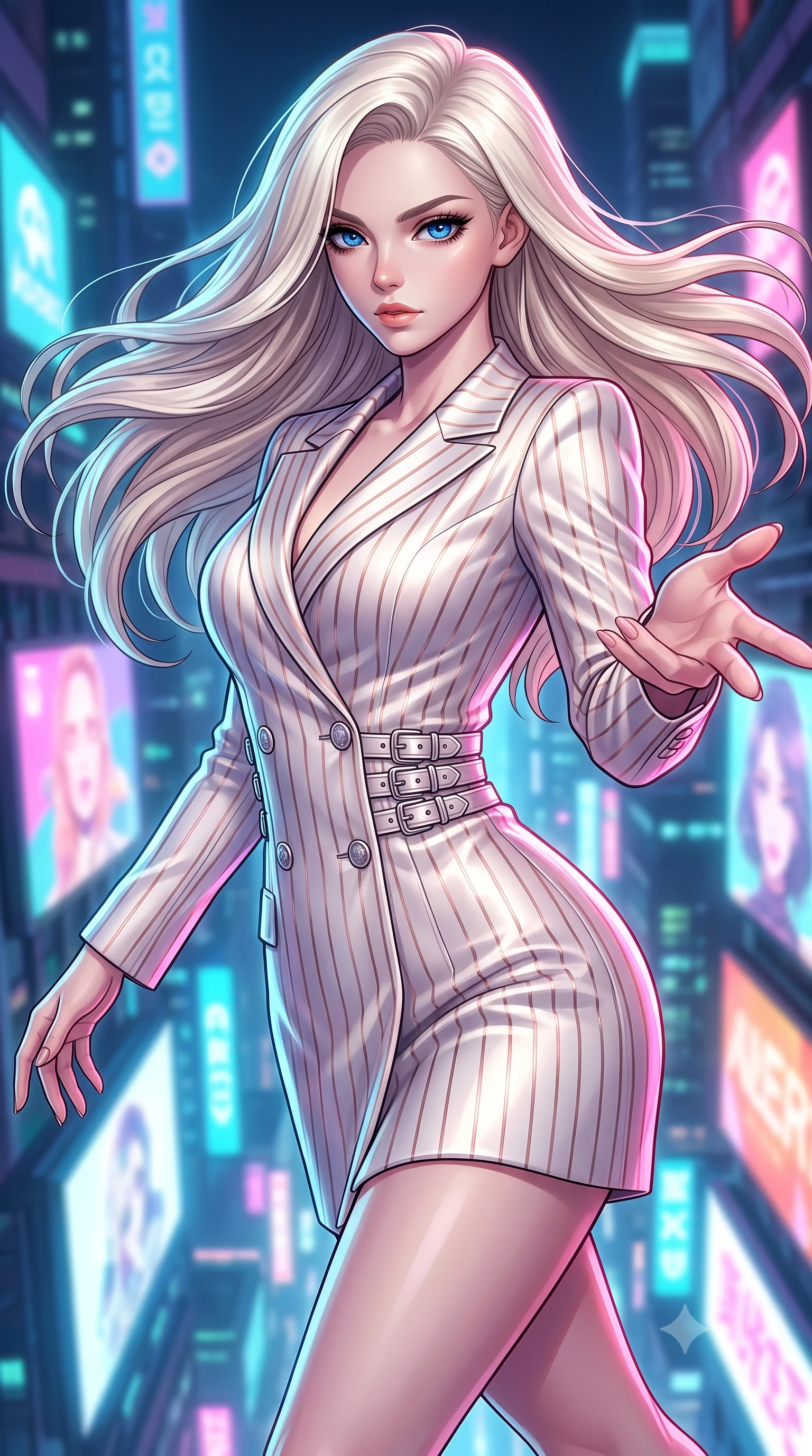 score_9, masterpiece, best quality, ultra-detailed, high-budget anime keyframe, editorial fashion photography, tasteful artistic composition, Caucasian woman. close-up cowboy shot from the waist and thighs up, the character dominates the composition, filling the frame with her large presence, background elements kept in soft focus. Reaching her hand gracefully toward the camera with magnetic allure, her torso turning in a dynamic S-curve alignment while turning in a dynamic mid-air stride with neon city billboards glowing below, fluttering lightweight attire catching the high-altitude urban wind. She has an exceptionally elegant, slender, and willowy female figure with an ultra-slim waist, a gracefully sculpted slender torso, and a refined silhouette. sharp v-shaped jawline, high-bridge nose, intricate jewel-like eyes with depth, thick eyelashes, glossy lips with a natural sheen, flawlessly proportioned anatomical accuracy, natural body alignment, perfectly sculpted elegant limbs, clean dynamic posture without body distortion. wearing a double-breasted blazer dress with subtle metallic pin-stripes in pearl white and rose gold, crafted from lustrous satin jersey with fluid draping, detailed with polished silver buckles along the waistline, the tailored fabric tightly following every curve of her athletic build. surrounded by a high-energy futuristic cityscape atmosphere. highly saturated vibrant anime colors, detailed shading with soft gradients, rich glossy textures, high-contrast stereoscopic depth, volumetric dynamic lighting, master piece, 9:16 ratio