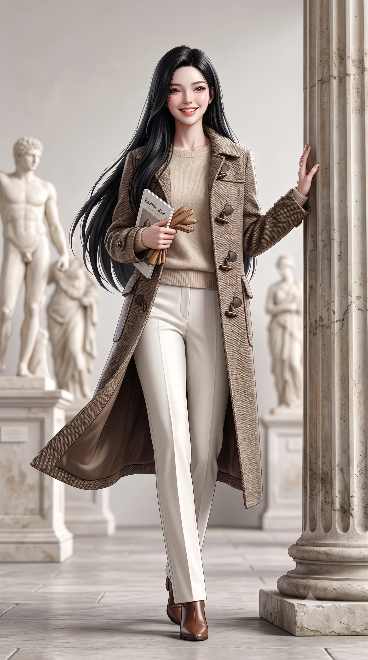 score_9, masterpiece, best quality, ultra-detailed, high-budget anime keyframe, semi-realistic 3D game render, editorial fashion photography, tasteful artistic composition, Korean woman. low angle full-body shot from head to toe showing her feet, filling the entire 9:16 vertical frame with her statuesque presence, stretching her vertical silhouette. stepping forward gracefully in mid-motion with a radiant beaming smile, her long tailored coat fluttering around her slender legs while leaning lightly against the fluted Portland stone Corinthian column, one hand holding an exhibition catalog with refined poise. The background shows a soft-focus classical Greek sculptures on pedestals softened in majestic cultural sanctuary shallow focus. She has an exceptionally tall and slender model-like 8.5-heads proportion, an ultra-slim waist, a flat toned midriff, narrow delicate ribcage, and beautifully sculpted feminine hips creating a graceful, slim hourglass silhouette without any bulky heaviness, with impossibly long slender legs. sharp v-shaped jawline, high-bridge nose, intricate jewel-like sparkling eyes with depth, thick eyelashes, glossy parted lips with a natural peach sheen, bright cheerful beaming smile with an enchanting and coquettish sensual glint, exuding both youthful cute charm and seductive allure, flawlessly proportioned anatomical accuracy, strict slender model proportions, natural body alignment, perfectly sculpted long slender limbs, ultra-slim waistline, clean dynamic posture without body distortion. wearing a structured boiled-wool duffle coat with horn toggles over a soft alpaca sweater and tailored wool slacks in Swiss alpine snow white and oat cashmere, tailored from heritage British Harris Tweed with rich multi-tonal yarn weave, complemented by buttery leather gloves held delicately in one manicured hand, the streamlined silhouette following her natural slender proportions with sophisticated poise, enhancing her tall willowy presence. illuminated by pale stone reflection bounce and sharp platinum rim lights sculpting her jawline, narrow waist, and statuesque proportions. highly saturated vibrant anime colors, detailed shading with soft gradients, rich glossy textures, high-contrast stereoscopic depth, volumetric dynamic lighting, master piece, 9:16 ratio