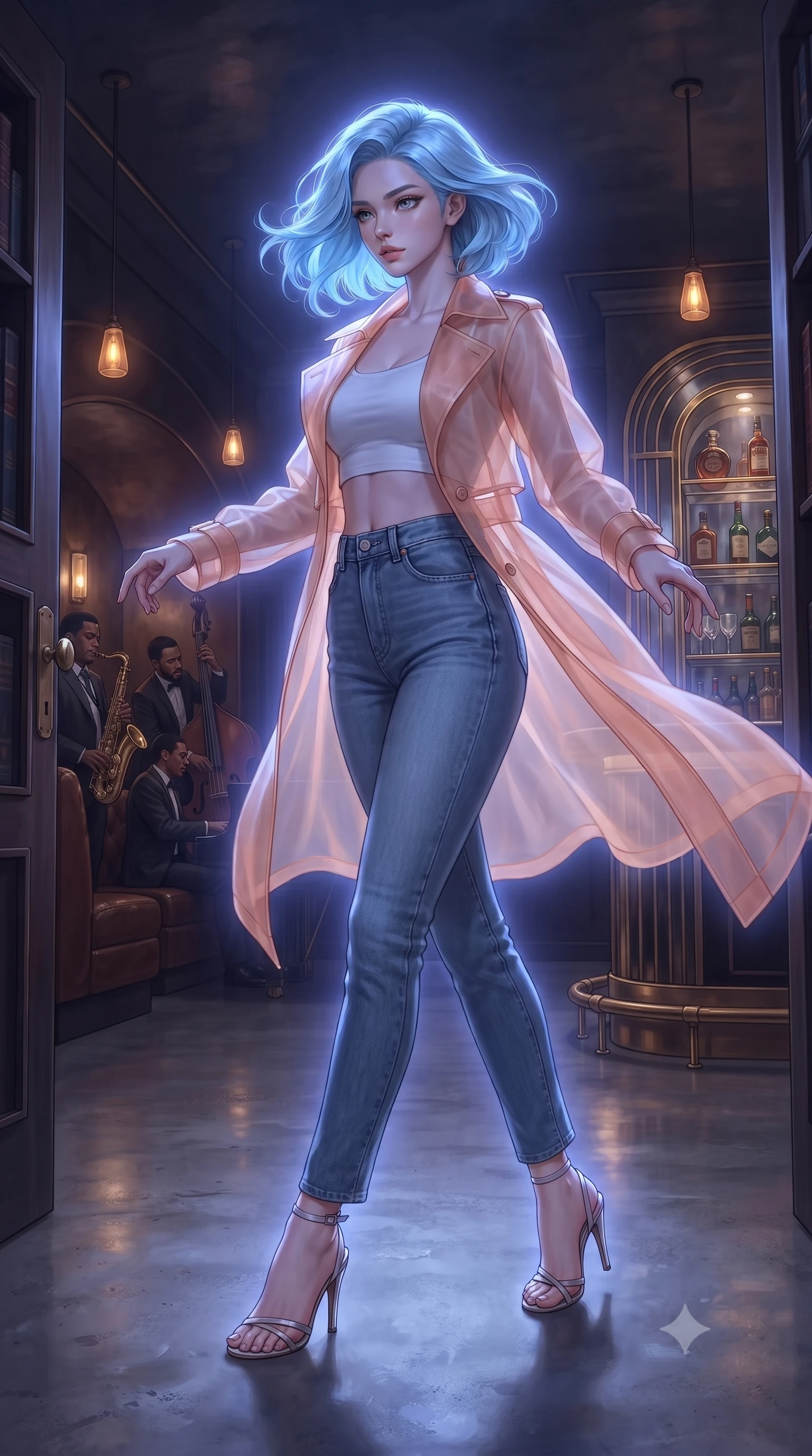 score_9, masterpiece, best quality, ultra-detailed, high-budget anime keyframe, editorial fashion photography, tasteful artistic composition, Korean woman. low angle full-body shot from head to toe showing her feet, filling the entire 9:16 vertical frame with her statuesque presence, stretching her vertical silhouette. dancing with weightless grace through a hidden underground bar accessed through a secret bookshelf door with dim amber pendant lights a live jazz trio in the corner deep leather booth seating and a gleaming art deco bar with mirrored back shelving. She has a statuesque 8.5-heads proportion, an exceptionally tall, slender and willowy model-like build with impossibly long legs and a highly sculpted ultra-slim waist. sharp v-shaped jawline, high-bridge nose, intricate jewel-like eyes with depth, thick eyelashes, glossy lips with a natural sheen. wearing a sheer peach organza trench coat worn open over a white crop top and high-waisted raw denim jeans. cool ethereal blue-violet bioluminescent glow wrapping around her from all sides. 2k, ultra detail, master piece, 9:16 ratio