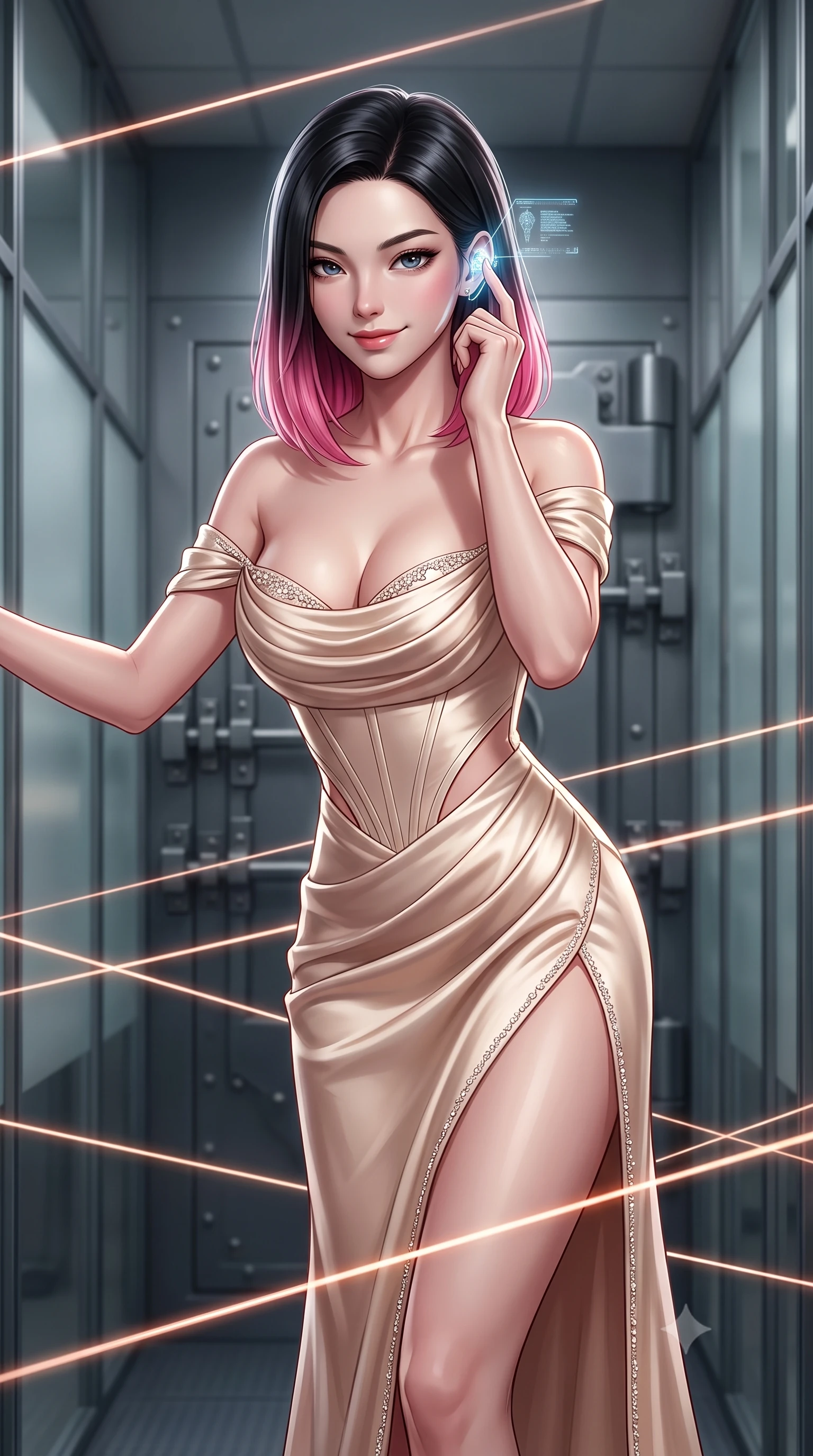 score_9, masterpiece, best quality, ultra-detailed, high-budget anime keyframe, semi-realistic 3D game render, editorial fashion photography, tasteful artistic composition, Korean woman. close-up cowboy shot from the waist and thighs up, the character dominates the composition, filling the frame with her large presence. leaning forward with playful, captivating grace, her sculpted collarbones and slender neckline highlighted by directional light while standing poised between narrow laser beam corridors, tapping her holographic earpiece with a cool, triumphant smirk. The composition keeps background elements in soft focus with creamy bokeh. heavy vault door locking bolts and frosted glass partition walls softened in moody shallow depth of field. She has an exceptionally elegant, slender, and willowy female figure with an ultra-slim waist, a gracefully sculpted slender torso, toned flat midriff, and a refined slim silhouette. sharp v-shaped jawline, high-bridge nose, intricate jewel-like eyes with depth, thick eyelashes, glossy lips with a natural sheen, captivating and magnetic expression, flawlessly proportioned anatomical accuracy, strict slender model proportions, natural body alignment, perfectly sculpted long slender limbs, ultra-slim waistline, clean dynamic posture without body distortion. wearing a statuesque off-shoulder champagne satin gala dress featuring a thigh-high side slit and draped corset bodice in champagne ivory and rose gold, tailored from ultra-smooth duchess satin with a pearlescent sheen, finished with delicate crystal embroidery along the neckline and hem edition #30, the precision-cut daring openings accentuating her delicate midriff, graceful bare collarbones, and ultra-slim feminine waistline. illuminated by crisp directional rim lighting sharply carving her ultra-slim waist and sculpted silhouette. highly saturated vibrant anime colors, detailed shading with soft gradients, rich glossy textures, high-contrast stereoscopic depth, volumetric dynamic lighting, master piece, 9:16 ratio