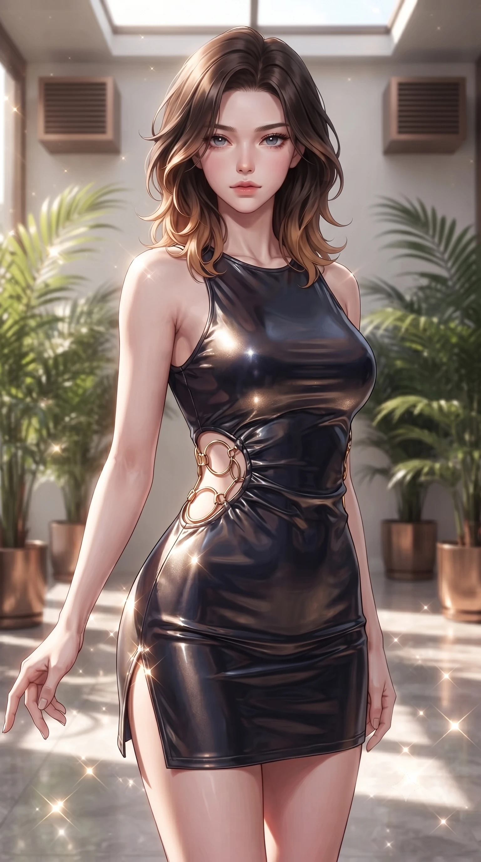 score_9, masterpiece, best quality, ultra-detailed, high-budget anime keyframe, editorial fashion photography, tasteful artistic composition, Korean woman woman. close-up cowboy shot from the waist and thighs up, the character dominates the composition, filling the frame with her large presence, background elements kept in soft focus. She has an exceptionally elegant, slender, and willowy female figure with an ultra-slim waist, a gracefully sculpted slender torso, and a refined silhouette. reaching one hand toward the viewer with relaxed elegance, her gaze holding quiet authority, flawlessly proportioned anatomical accuracy, natural body alignment, perfectly sculpted elegant limbs, clean dynamic posture without body distortion. set against a soft-focus background of a luxury sunroom filled with potted palms and bronze vents. wearing a slitted cutout bodycon mini dress in dark velvet with gold ring hardware framing her waist. bathed in bright morning sunbeams creating sparkling glints on polished floors. ultra-reflective glossy finish, specular highlights, metallic sheen, high-contrast stereoscopic depth, volumetric dynamic lighting, 2k, ultra detail, master piece, 9:16 ratio
