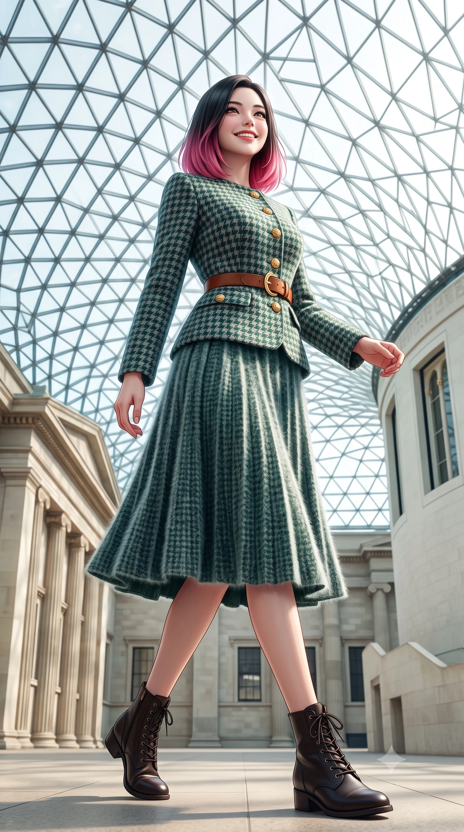 score_9, masterpiece, best quality, ultra-detailed, high-budget anime keyframe, semi-realistic 3D game render, editorial fashion photography, tasteful artistic composition, Korean woman. low angle full-body shot from head to toe showing her feet, filling the entire 9:16 vertical frame with her statuesque presence, stretching her vertical silhouette. stepping forward gracefully in mid-motion with a radiant beaming smile, her long tailored coat fluttering around her slender legs while standing poised beneath the monumental geodesic glass roof canopy, gazing upward with an inspired, breathtaking smile. The surrounding environment is rendered in vivid detail and crisp panoramic clarity: detailed houndstooth tweed jacket weave, gold embossed coin buttons, and monumental British architecture in high resolution. She has an exceptionally tall and slender model-like 8.5-heads proportion, an ultra-slim waist, a flat toned midriff, narrow delicate ribcage, and beautifully sculpted feminine hips creating a graceful, slim hourglass silhouette without any bulky heaviness, with impossibly long slender legs. sharp v-shaped jawline, high-bridge nose, intricate jewel-like sparkling eyes with depth, thick eyelashes, glossy parted lips with a natural peach sheen, bright cheerful beaming smile with an enchanting and coquettish sensual glint, exuding both youthful cute charm and seductive allure, flawlessly proportioned anatomical accuracy, strict slender model proportions, natural body alignment, perfectly sculpted long slender limbs, ultra-slim waistline, clean dynamic posture without body distortion. wearing a structured houndstooth tweed jacket with gold embossed buttons and a matching pleated A-line midi skirt in St. Moritz pine forest emerald and heather grey, woven from plush alpaca yarn with a cloud-like fuzzy texture and soft halo, finished with a smooth equestrian bridle-leather belt with a polished brass horseshoe buckle, the structured cinched belt emphasizing her narrow waistline and gracefully balanced proportions with timeless haute-couture polish. bathed in voluminous pure white zenithal daylight filtering through the vast geometric glass skylight canopy. highly saturated vibrant anime colors, detailed shading with soft gradients, rich glossy textures, high-contrast stereoscopic depth, volumetric dynamic lighting, master piece, 9:16 ratio