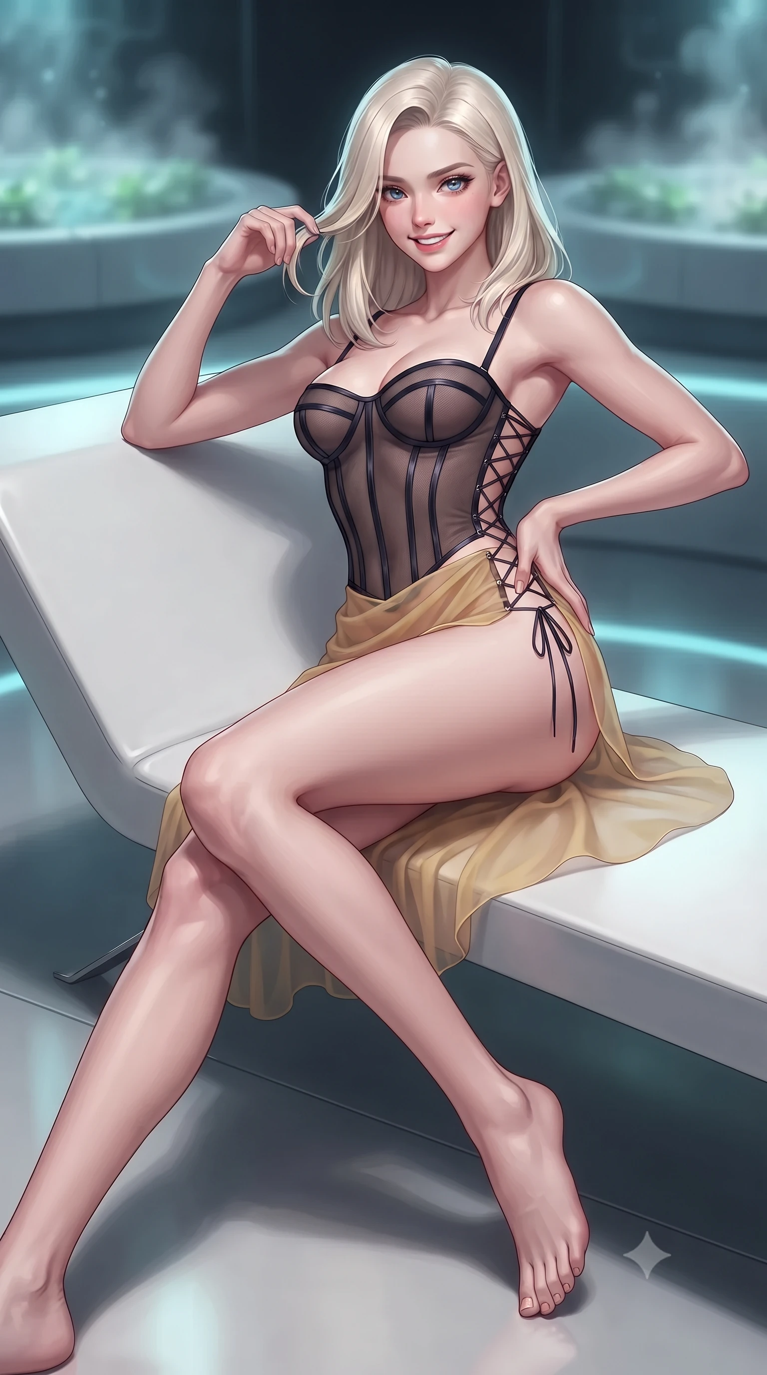 score_9, masterpiece, best quality, ultra-detailed, high-budget anime keyframe, editorial fashion photography, tasteful artistic composition, Caucasian woman. close-up cowboy shot from the waist and thighs up, the character dominates the composition, filling the frame with her large presence. twisting her slender torso in an alluring contrapposto stance, one hand resting on her sculpted hip while her fingers toy with her hair with effortless poise while lounging gracefully across the minimalist white lacquer chaise propped on one elbow with legs extended, displaying her long slender limbs and statuesque hourglass silhouette against the cyberpunk horizon. The background shows a soft-focus subtle mist vapor from hydroponic water beds softened in futuristic orbital biosphere shallow focus. She has an exceptionally elegant, slender, and willowy female figure with an ultra-slim waist, flat toned midriff, narrow ribcage, and sculpted feminine hips creating an alluring, slim hourglass silhouette without bulk. sharp v-shaped jawline, high-bridge nose, intricate jewel-like sparkling eyes with depth, thick eyelashes, glossy parted lips with a natural peach sheen, bright cheerful beaming smile with an enchanting and coquettish sensual glint, exuding both youthful cute charm and seductive allure, flawlessly proportioned anatomical accuracy, strict slender model proportions, natural body alignment, perfectly sculpted long slender limbs, ultra-slim waistline, clean dynamic posture without body distortion. wearing a provocative translucent mesh corset bodice with boned satin channels paired with a sheer chiffon wrap skirt in singularity accretion gold and deep space void black, tailored from high-density tech-wool with subtle metallic thread weave, featuring fine criss-cross lace-up side ties revealing tantalizing glimpses of her hip curve, the impeccably tailored cut draping gracefully along her slender figure with aristocratic poise. illuminated by floor pool reflection bounce and sharp laser-cyan rim lights sculpting her razor-sharp jawline, narrow waist, and curvy hips. ultra-reflective glossy finish, specular highlights, rich textural contrasts, high-contrast stereoscopic depth, volumetric dynamic lighting, 2k, ultra detail, master piece, 9:16 ratio