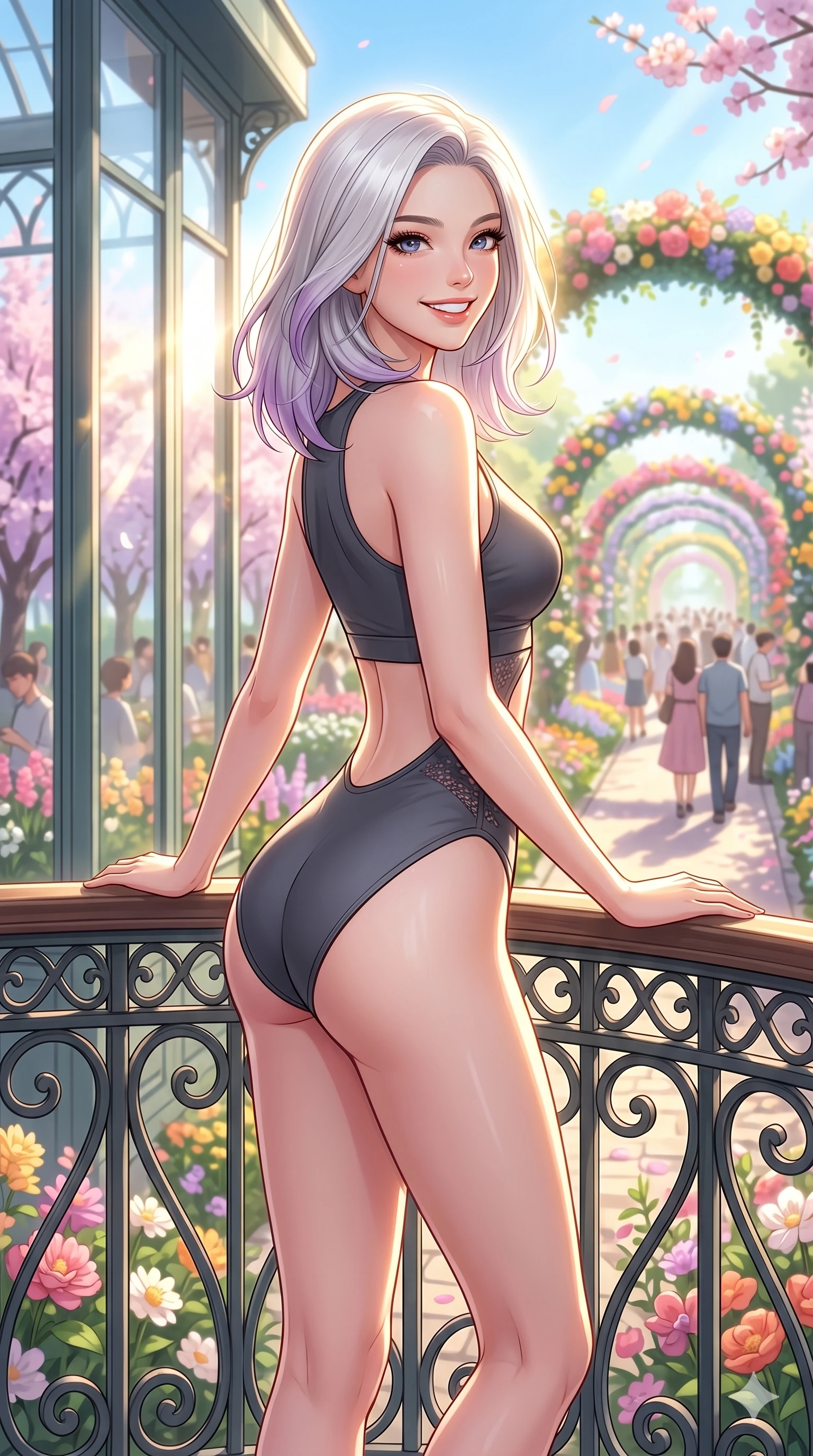 score_9, masterpiece, best quality, ultra-detailed, high-budget anime keyframe, vibrant anime aesthetic, Caucasian woman, strictly human ears. cowboy shot from the thighs up, character and outfit filling the frame for maximum presence. She is resting her hands on the railing, looking over her shoulder with a happy grin by a vibrant spring flower festival avenue (Code-P20-090). She has an absolutely perfect 8-heads proportion, an exceptionally tall and slender female figure with impossibly long slender legs and an ultra-slim waist. V-shaped jawline, high-bridge nose, intricate jewel-like eyes with depth, thick eyelashes, glossy lips with a natural sheen. wearing a bodycon swimsuit with a high-slit and exposed midriff. She is bathed in bright morning sun reflecting off the glass panels, creating a glowing aura. 2k, ultra detail, master piece, 9:16 ratio