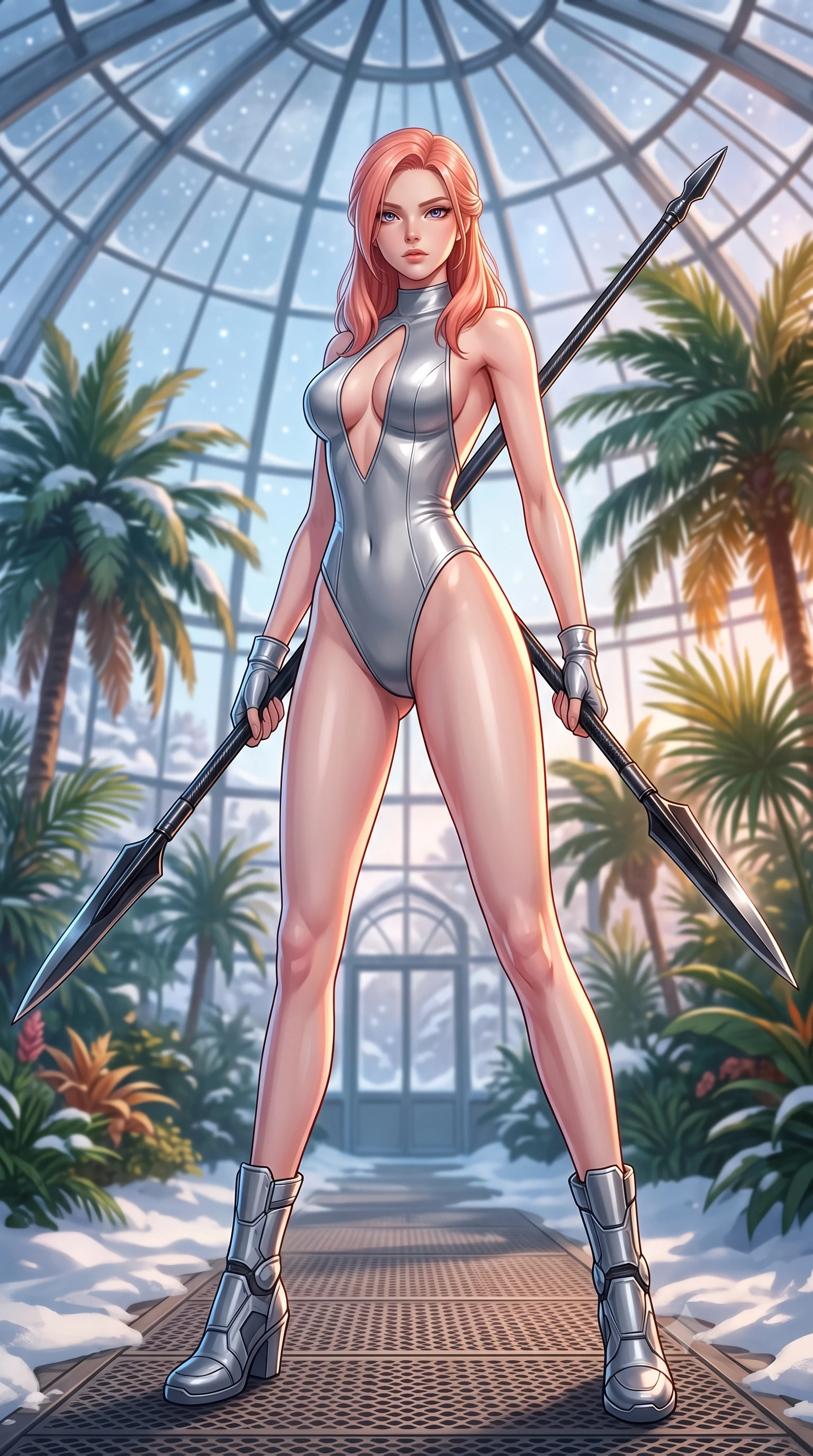 score_9, masterpiece, best quality, ultra-detailed, high-budget anime keyframe, editorial fashion photography, tasteful artistic composition, Japanese woman. low angle full-body shot from head to toe showing her feet, filling the entire 9:16 vertical frame with her statuesque presence, stretching her vertical silhouette. standing in a dynamic combat stance with a carbon-fiber spear held diagonally, stretching her statuesque body, the background shows a soft-focus a glass greenhouse dome built in a snowy biome, filled with warm tropical palms. She has an absolutely perfect, statuesque 8.5-heads proportion, an exceptionally tall and slender model-like female figure with impossibly long slender legs and an ultra-slim waist. sharp v-shaped jawline, high-bridge nose, intricate jewel-like eyes with depth, thick eyelashes, glossy lips with a natural sheen. wearing a form-contouring backless combat bodysuit in metallic silver, featuring a plunging keyhole cutout and low-cut back. soft silver starlight filtering through glass panels, creating a cool ambient glow. highly saturated vibrant anime colors, detailed shading with soft gradients, rich glossy textures, high-contrast stereoscopic depth, volumetric dynamic lighting, master piece, 9:16 ratio