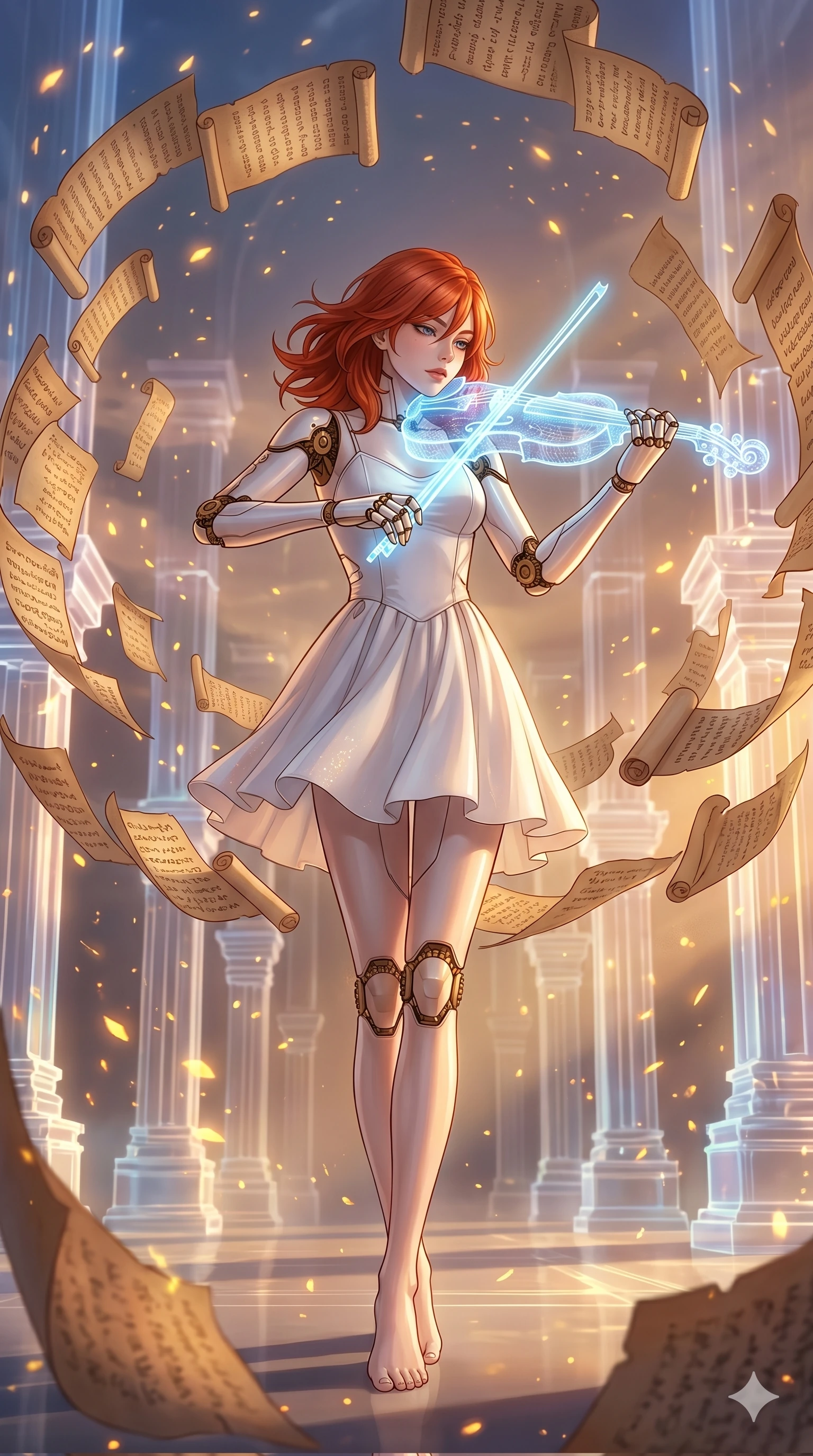 score_9, masterpiece, best quality, ultra-detailed, Set A: High-budget Anime Keyframe, Caucasian (human ears) woman. Low angle cowboy shot filling the entire 9:16 frame with her statuesque presence. Theme: Ethereal Dream. playing a holographic violin in a temple made of solid light, surrounded by a whirlwind of 193 floating ancient scrolls. The atmosphere is filled with golden hour with floating embers. She has an absolutely perfect 8-heads proportion, an exceptionally tall and slender female figure with impossibly long slender legs and an ultra-slim waist. Sharp v-shaped jawline, high-bridge nose, intricate jewel-like eyes with depth, glossy lips. Wearing Mechanical doll outfit with visible brass joints and a delicate porcelain-white dress. Cinematic lighting, vivid colors, dramatic shadows, 2k, ultra detail, master piece, 9:16 ratio