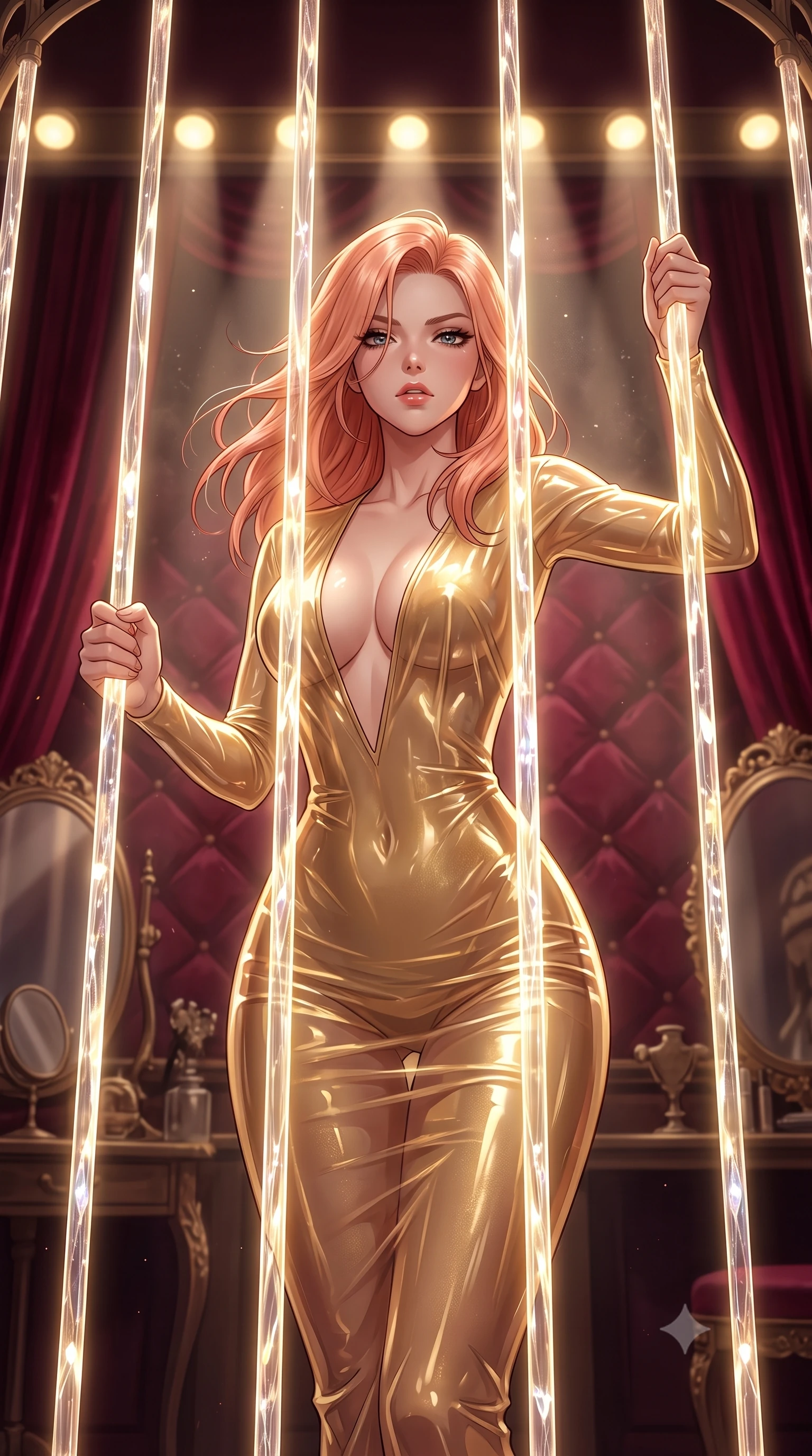 score_9, masterpiece, best quality, ultra-detailed, High-budget Anime Keyframe, East Asian woman. Low angle cowboy shot filling the entire 9:16 frame with her statuesque presence. Scenario 384: trapped in a cage of glowing crystalline fibers, her body pressing against the bars, in a velvet-lined dressing room illuminated by soft golden spotlights. Her presence is magnetic and overpowering in this high-budget anime scene. Outfit 384: a body-hugging translucent PVC gold with a plunging V-neckline and wet-look texture. The clothing is designed to emphasize her exceptionally tall and slender 8-heads proportion. 8-heads proportion, towering silhouette, ultra-slim waist. sharp v-shaped jawline, intricate jewel-like eyes with depth, thick eyelashes, glossy lips. 2k, ultra detail, master piece, 9:16 ratio