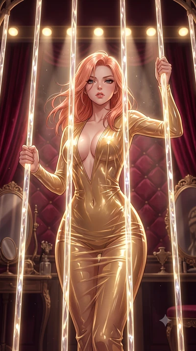 score_9, masterpiece, best quality, ultra-detailed, High-budget Anime Keyframe, East Asian woman. Low angle cowboy shot filling the entire 9:16 frame with her statuesque presence. Scenario 384: trapped in a cage of glowing crystalline fibers, her bod