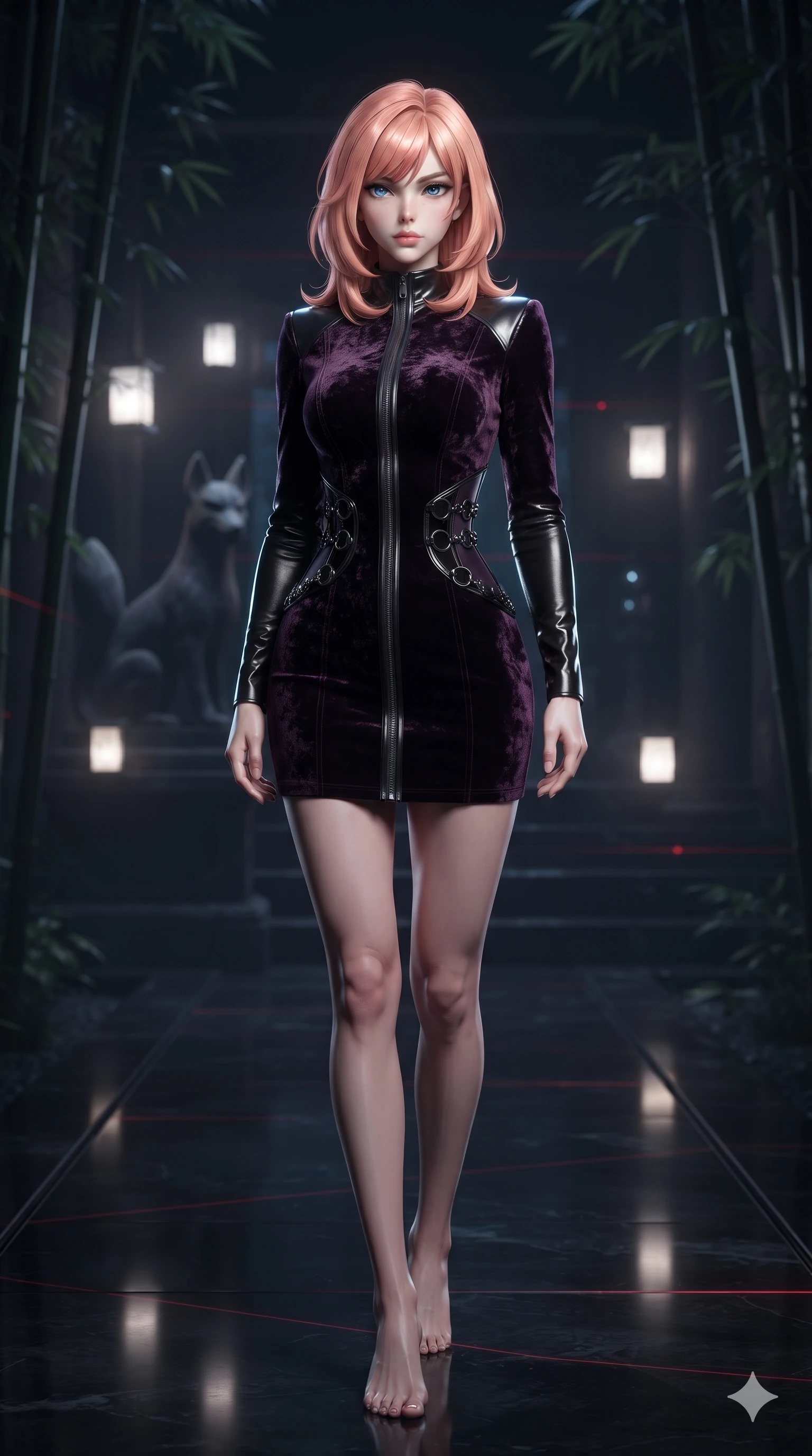 score_9, masterpiece, best quality, ultra-detailed, high-budget anime keyframe, editorial fashion photography, tasteful artistic composition, Japanese woman. low angle full-body shot from head to toe showing her feet, filling the entire 9:16 vertical frame with her statuesque presence, stretching her vertical silhouette. poised on the dark reflective floor while laser grids scan the room, her statuesque silhouette commanding the frame while resting near a dark stone fox statue illuminated by floating spirit lanterns, shadowy bamboo stalks framing the dark path in soft focus. The surrounding environment is rendered in vivid detail and crisp panoramic clarity: detailed backless liquid vinyl slip dress cling, sculpted chrome rings, and occult sanctuary architecture in razor-sharp clarity. She has an absolutely perfect, statuesque 8.5-heads proportion, an exceptionally tall and slender model-like female figure with impossibly long slender legs, an ultra-slim waist, a flat toned midriff, narrow delicate ribcage, and beautifully sculpted feminine hips creating a graceful, slim hourglass silhouette without any bulky heaviness. sharp v-shaped jawline, high-bridge nose, intricate jewel-like dark sparkling eyes with hypnotic seductive depth, thick curled eyelashes, glossy parted lips with a natural wine sheen, alluring bedroom-eyes with an enigmatic smoldering smile, exuding magnetic sovereign charisma and dark avant-garde glamour, flawlessly proportioned anatomical accuracy, strict slender model proportions, natural body alignment, perfectly sculpted long slender limbs, ultra-slim waistline, clean dynamic posture without body distortion. wearing a glove-like stretch lambskin leather corset dress with double-ended front zipper in obsidian black and dark plum violet, tailored from crushed dark velvet with deep light-absorbing plush texture, trimmed with dark chrome ring hardware along the waist contours, accentuating her gracefully sculpted slender torso and statuesque proportions. illuminated by spirit lantern cold ground bounce and sharp silver-cyan rim lights defining her razor-sharp jawline, narrow waist, and curvy hips. ultra-reflective glossy finish, specular highlights, metallic sheen, high-contrast stereoscopic depth, volumetric dynamic lighting, 2k, ultra detail, master piece, 9:16 ratio