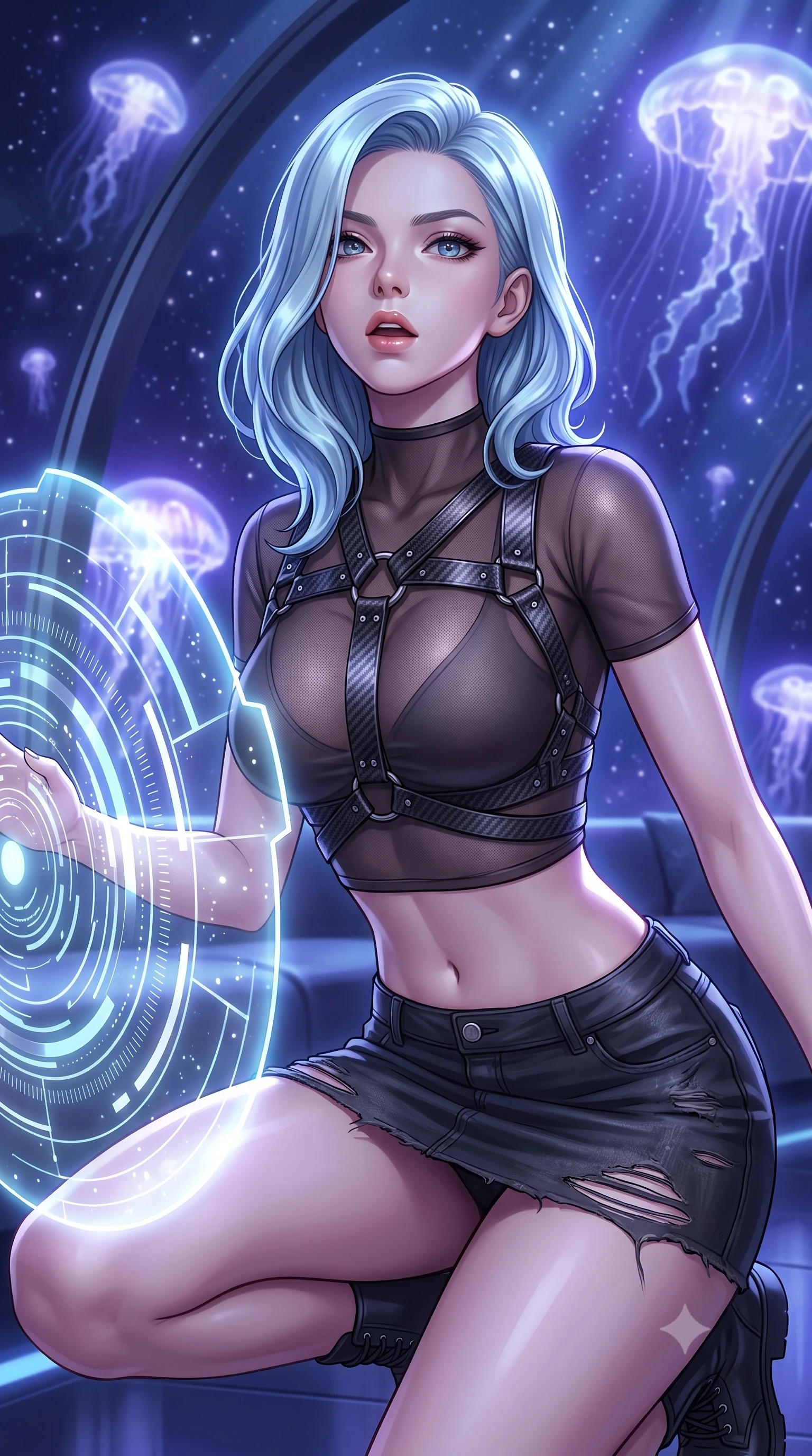 score_9, masterpiece, best quality, ultra-detailed, high-budget anime keyframe, editorial fashion photography, tasteful artistic composition, Korean woman. close-up cowboy shot from the waist and thighs up, the character dominates the composition, filling the frame with her large presence, background elements kept in soft focus. crouching slightly behind a glowing holographic shield emitter, looking up with defiance and lips slightly parted, the background shows a soft-focus a deep-sea observatory lounge with curved glass walls showing giant jellyfish. She has an exceptionally elegant, slender, and willowy female figure with an ultra-slim waist, a gracefully sculpted slender torso, and a refined silhouette. sharp v-shaped jawline, high-bridge nose, intricate jewel-like eyes with depth, thick eyelashes, glossy lips with a natural sheen. wearing a body-hugging semi-opaque dark mesh crop top paired with a micro skirt, layered with a carbon-fiber harness. cool indigo and violet starlight from bioluminescent jellyfish drifting outside. highly saturated vibrant anime colors, detailed shading with soft gradients, rich glossy textures, high-contrast stereoscopic depth, volumetric dynamic lighting, master piece, 9:16 ratio