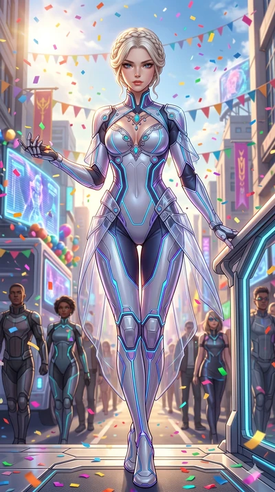 score_9, masterpiece, best quality, ultra-detailed, Set A: Photorealistic 8k CG, Japanese woman. Low angle cowboy shot filling the entire 9:16 frame with her statuesque presence. Standing in a rain of colorful confetti on a grand parade. She has an a