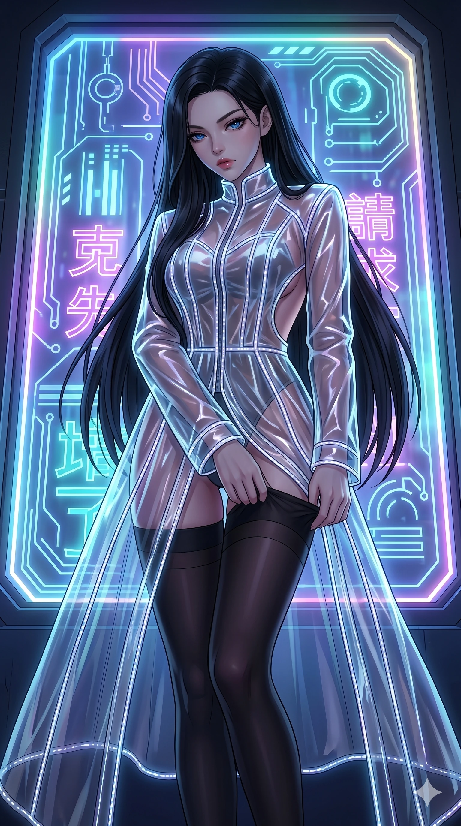 score_9, masterpiece, best quality, ultra-detailed, High-budget Anime Keyframe, East Asian woman. Low angle cowboy shot filling the entire 9:16 frame with her statuesque presence. Scenario 107: Adjusting her thigh-high stocking by a glowing neon window. Her presence is magnetic and overpowering in this high-budget anime scene. Outfit 107: A translucent PVC long with a backless design and glowing LED seams. The clothing is designed to emphasize her exceptionally tall and slender 8-heads proportion. 8-heads proportion, towering silhouette, ultra-slim waist. sharp v-shaped jawline, intricate jewel-like eyes with depth, thick eyelashes, glossy lips. 2k, ultra detail, master piece, 9:16 ratio