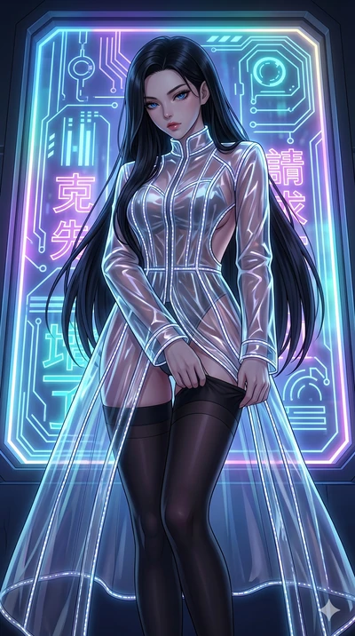 score_9, masterpiece, best quality, ultra-detailed, High-budget Anime Keyframe, East Asian woman. Low angle cowboy shot filling the entire 9:16 frame with her statuesque presence. Scenario 107: Adjusting her thigh-high stocking by a glowing neon wind