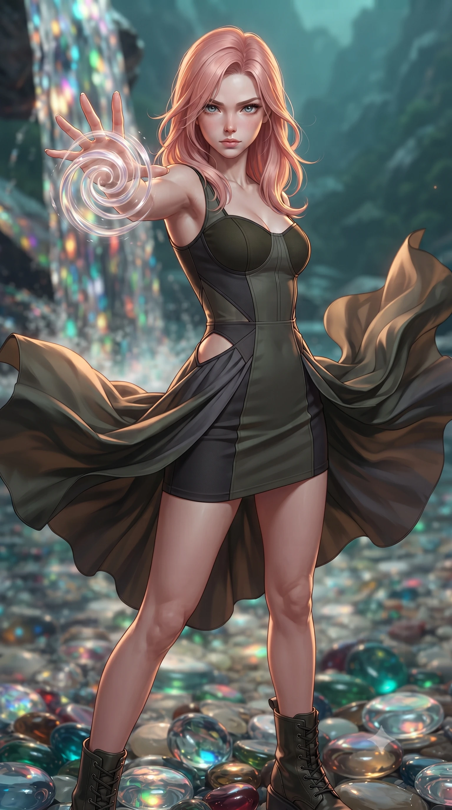 score_9, masterpiece, best quality, ultra-detailed, high-budget anime keyframe, editorial fashion photography, tasteful artistic composition, realistic cosplay photography, Japanese woman. close-up cowboy shot from the waist and thighs up, the character dominates the composition, filling the frame with her large presence, background elements kept in soft focus. Unleashing a wave of force with an outstretched hand, her gaze locked on the target. set against a soft-focus background of a mountain basin with a waterfall made of liquid crystal, glass pebbles catching and reflecting water droplets. She has an exceptionally elegant and slender, willowy female figure with an ultra-slim waist, a gracefully sculpted slender torso, and a refined slim physique. sharp v-shaped jawline, high-bridge nose, intricate jewel-like eyes with depth, thick eyelashes, glossy lips with a natural sheen. wearing the lightweight fabric rippling and billowing dramatically with her movement, a body-hugging combat mini dress in dark olive green and charcoal, featuring subtle hip cutouts and a structured bodice. warm amber rim lighting combined with cool teal fill light creating dramatic contrast. ultra-reflective glossy finish, specular highlights, metallic sheen, high-contrast stereoscopic depth, volumetric dynamic lighting, 2k, ultra detail, master piece, 9:16 ratio