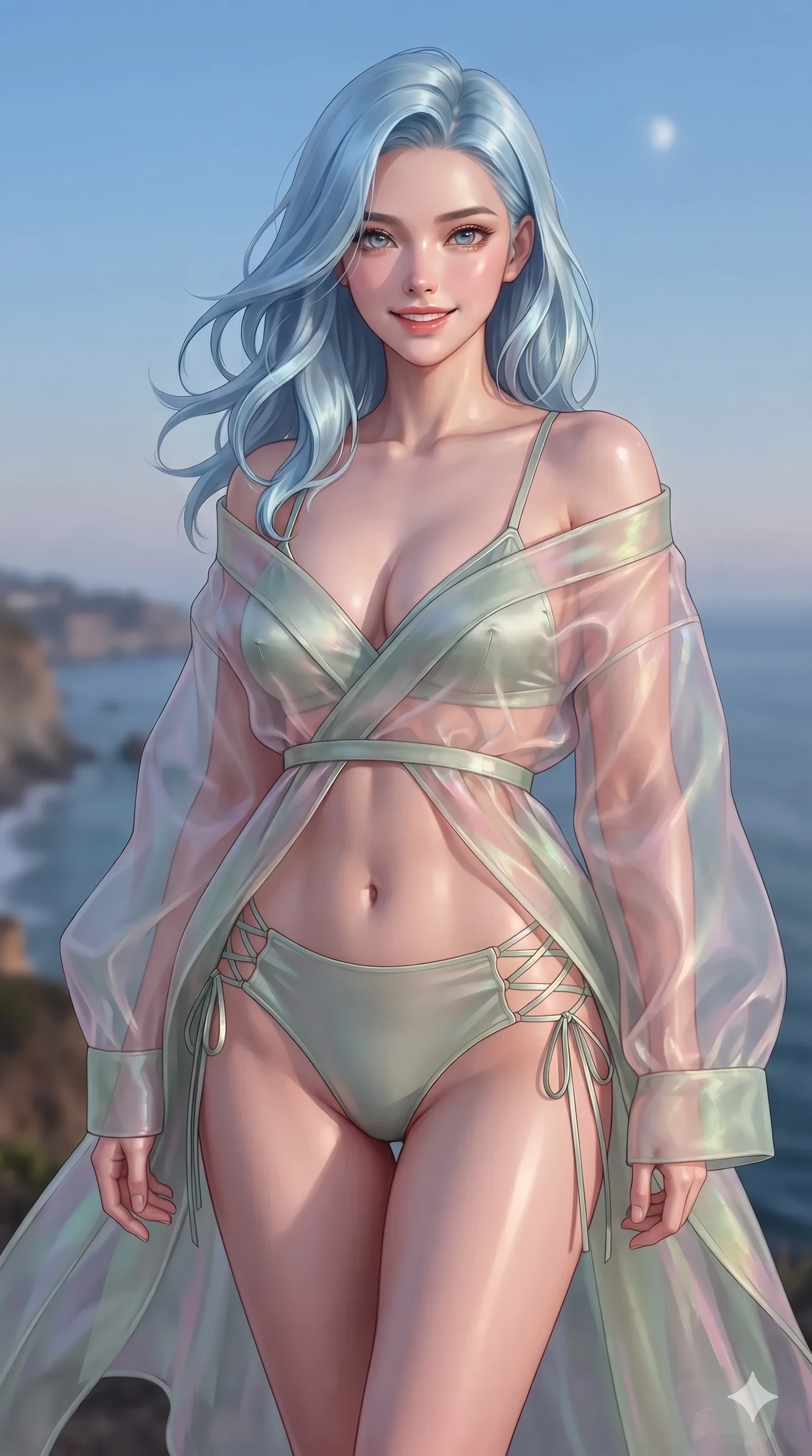 score_9, masterpiece, best quality, ultra-detailed, high-budget anime keyframe, editorial fashion photography, tasteful artistic composition, Korean woman. close-up cowboy shot from the waist and thighs up, the character dominates the composition, filling the frame with her large presence. smiling with quiet, magnetic self-assurance directly into the camera, her sculpted waistline catching specular moonbeam highlights while standing tall against the panoramic coastal opening, stretching her statuesque body as maritime breezes whip through her hair. The background shows a soft-focus high-cliff ocean terrace softened in coastal panoramic shallow focus. She has an exceptionally elegant, slender, and willowy female figure with an ultra-slim waist, flat toned midriff, narrow ribcage, and sculpted feminine hips creating an alluring, slim hourglass silhouette without bulk. sharp v-shaped jawline, high-bridge nose, sparkling eyes with hypnotic seductive depth, thick curled eyelashes, glossy parted lips with a natural dewy peach sheen, alluring bedroom-eyes with an enchanting coquettish smile, exuding magnetic siren charisma and sophisticated glamour, flawlessly proportioned anatomical accuracy, strict slender model proportions, natural body alignment, perfectly sculpted long slender limbs, ultra-slim waistline, clean dynamic posture without body distortion. wearing a translucent iridescent organza durumagi robe slipping off bare shoulders over a matching satin micro-bralette and wrap briefs in soft lotus rose and morning dew sage green, featuring fine criss-cross lace-up side ties revealing tantalizing glimpses of her hip curve, featuring fine criss-cross lace-up side ties revealing tantalizing glimpses of her hip curve, the form-contouring silhouette accentuating her sculpted flat midriff, narrow delicate ribcage, and gracefully curvy hips with intoxicating allure. illuminated by seafoam bounce and sharp platinum-azure rim lights defining her razor-sharp jawline, narrow waist, and curvy hips. ultra-reflective glossy finish, specular highlights, rich textural contrasts, high-contrast stereoscopic depth, volumetric dynamic lighting, 2k, ultra detail, master piece, 9:16 ratio