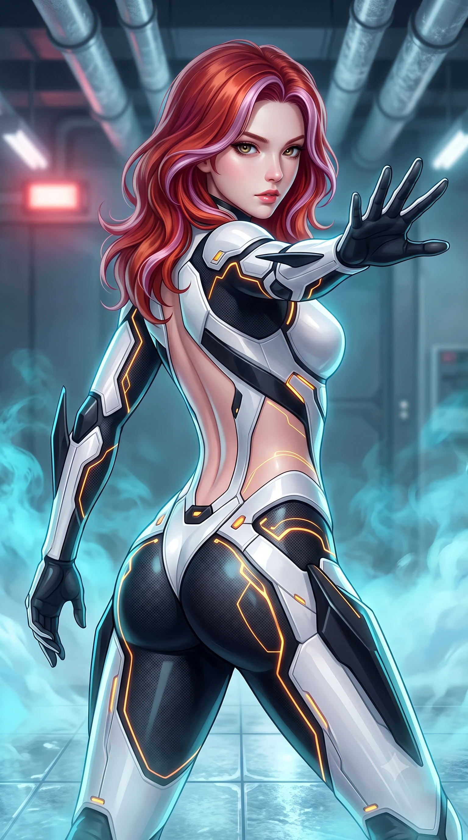 score_9, masterpiece, best quality, ultra-detailed, high-budget anime keyframe, semi-realistic 3D game render, editorial fashion photography, tasteful artistic composition, Caucasian woman. close-up cowboy shot from the waist and thighs up, the character dominates the composition, filling the frame with her large presence. in a razor-sharp Panzer Kunst fighting guard, one hand extended with palm open in fluid kinetic tension, captivating jewel-like eyes locked onto the viewer with dangerous focus while pivoting dynamically on ice-slicked tiles as cyan cryo-mist billows gracefully around her athletic, form-fitting armor. The composition keeps background elements in soft focus with creamy bokeh. overhead frosted conduit pipes and emergency strobe lights softened in quiet atmospheric focus. She has an exceptionally elegant, slender, and willowy female figure with an ultra-slim waist, a gracefully sculpted slender torso, toned flat midriff, and a refined slim silhouette. sharp v-shaped jawline, high-bridge nose, intricate jewel-like eyes with depth, thick eyelashes, glossy lips with a natural sheen, flawlessly proportioned anatomical accuracy, strict slender model proportions, natural body alignment, perfectly sculpted long slender limbs, ultra-slim waistline, clean dynamic posture without body distortion. wearing a high-contrast monochrome white-and-black carbon-composite exoskeleton suit with glowing amber circuitry and aerodynamic limb fins in matte obsidian carbon black with electric cyan conduits, crafted from semi-translucent cybernetic carbon-vinyl interwoven with glowing micro-filaments, complemented by criss-cross back harness straps highlighting her completely bare spine, the precision-cut daring openings accentuating her delicate midriff, graceful bare collarbones, and ultra-slim feminine waistline. surrounded by a cool, lethal, and breathtakingly alluring frost-martial-goddess aura. rich saturated anime colors with glowing neon highlights, detailed shading with soft gradients, rich glossy textures, high-contrast stereoscopic depth, volumetric dynamic lighting, master piece, 9:16 ratio
