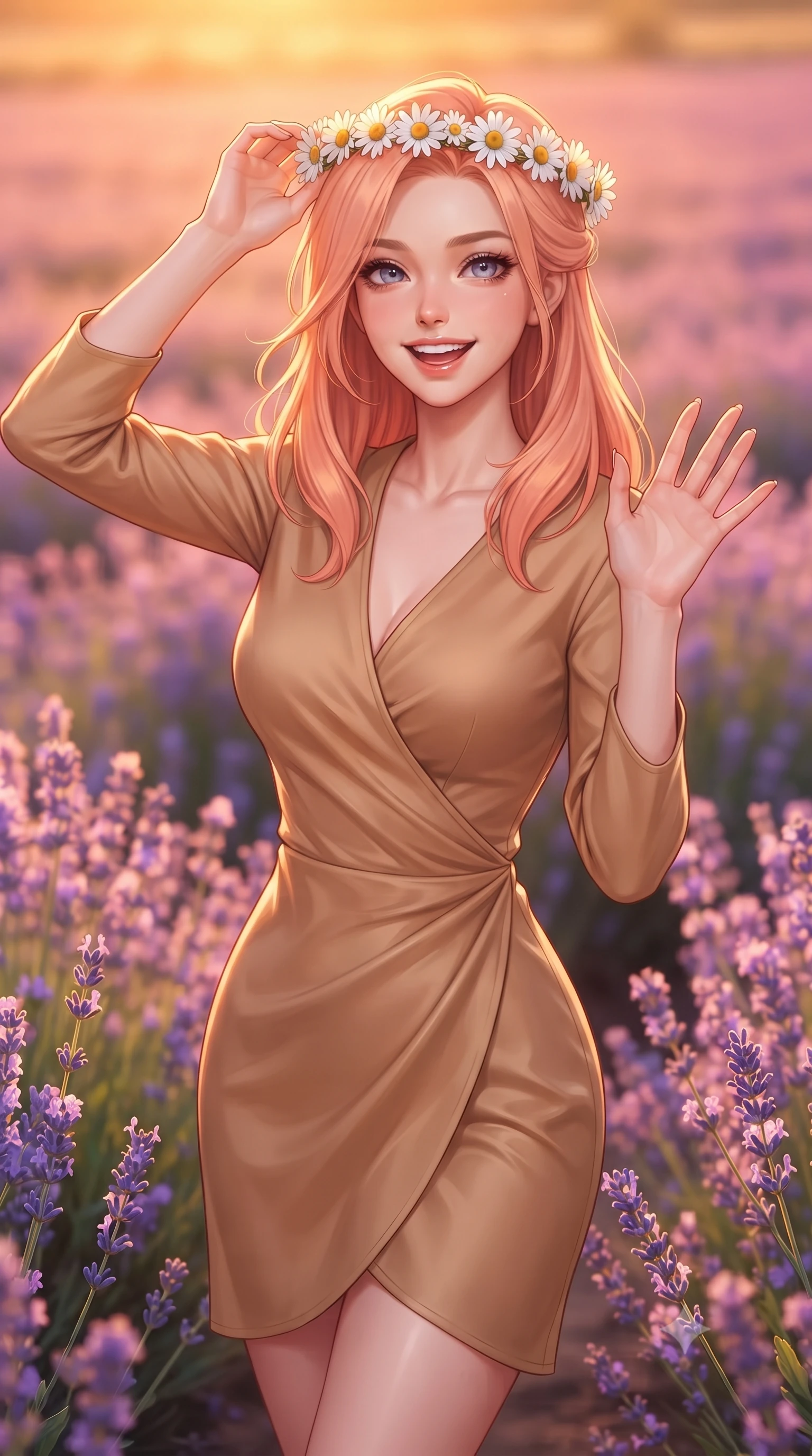 score_9, masterpiece, best quality, ultra-detailed, high-budget anime keyframe, editorial fashion photography, tasteful artistic composition, Japanese woman. close-up cowboy shot from the waist and thighs up, the character dominates the composition, filling the frame with her large presence, background elements kept in soft focus. flashing a sweet, beaming smile while waving one hand gently toward the camera set against a soft-focus background of surrounded by a beautiful purple meadow of blooming wild lavender holding a delicate crown of daisies on her head, smiling cutely. She has an exceptionally elegant, slender, and willowy female figure with an ultra-slim waist, a gracefully sculpted slender torso, and a refined silhouette. sharp v-shaped jawline, high-bridge nose, intricate jewel-like eyes with depth, thick eyelashes, glossy lips with a natural sheen. wearing tailored form-contouring silk wrap dress in camel, outlining her slender waist. golden hour sunset light casting a warm, romantic orange glow over the field. highly saturated vibrant anime colors, detailed shading with soft gradients, rich glossy textures, high-contrast stereoscopic depth, volumetric dynamic lighting, master piece, 9:16 ratio