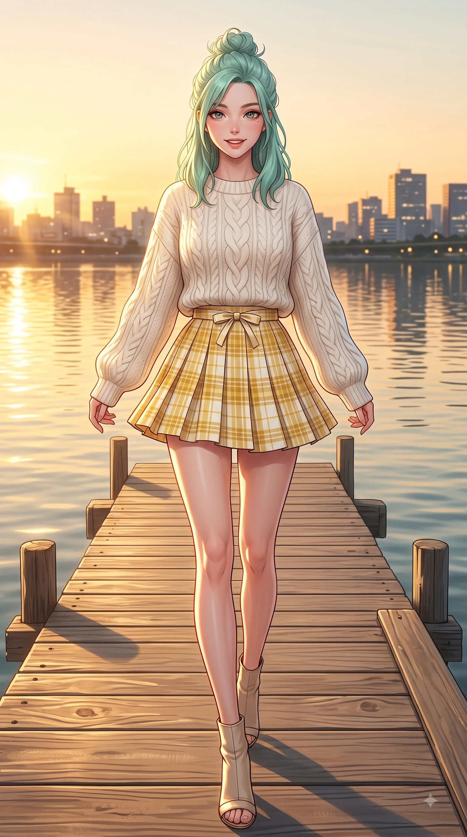 score_9, masterpiece, best quality, ultra-detailed, high-budget anime keyframe, editorial fashion photography, tasteful artistic composition, Japanese woman. low angle full-body shot from head to toe showing her feet, filling the entire 9:16 vertical frame with her statuesque presence, stretching her vertical silhouette. stepping forward gracefully in mid-motion with a delighted cute expression, displaying her statuesque model proportions while pivoting in a happy stride along a sunlit wooden pier overlooking calm river waters. The surrounding environment is rendered in vivid detail and crisp panoramic clarity. scenic riverside walking paths and twinkling city skyline outlines in rich clarity. She has an absolutely perfect, statuesque 8.5-heads proportion, an exceptionally tall and slender model-like female figure with impossibly long slender legs and an ultra-slim waist. sharp v-shaped jawline, high-bridge nose, intricate jewel-like eyes with depth, thick eyelashes, glossy lips with a natural sheen, flawlessly proportioned anatomical accuracy, natural body alignment, perfectly sculpted elegant limbs, clean dynamic posture without body distortion. wearing a cozy oversized cable-knit sweater paired with a chic pleated plaid mini skirt in bright butter yellow and fresh cream white, made of comfortable premium stretch denim and soft jersey, accented with a dainty waist ribbon bow, the chic real-way fashion cut emphasizing her effortless charm. bathed in glorious golden hour sunset sunbeams and warm amber sky radiance. highly saturated vibrant anime colors, detailed shading with soft gradients, rich glossy textures, high-contrast stereoscopic depth, volumetric dynamic lighting, master piece, 9:16 ratio