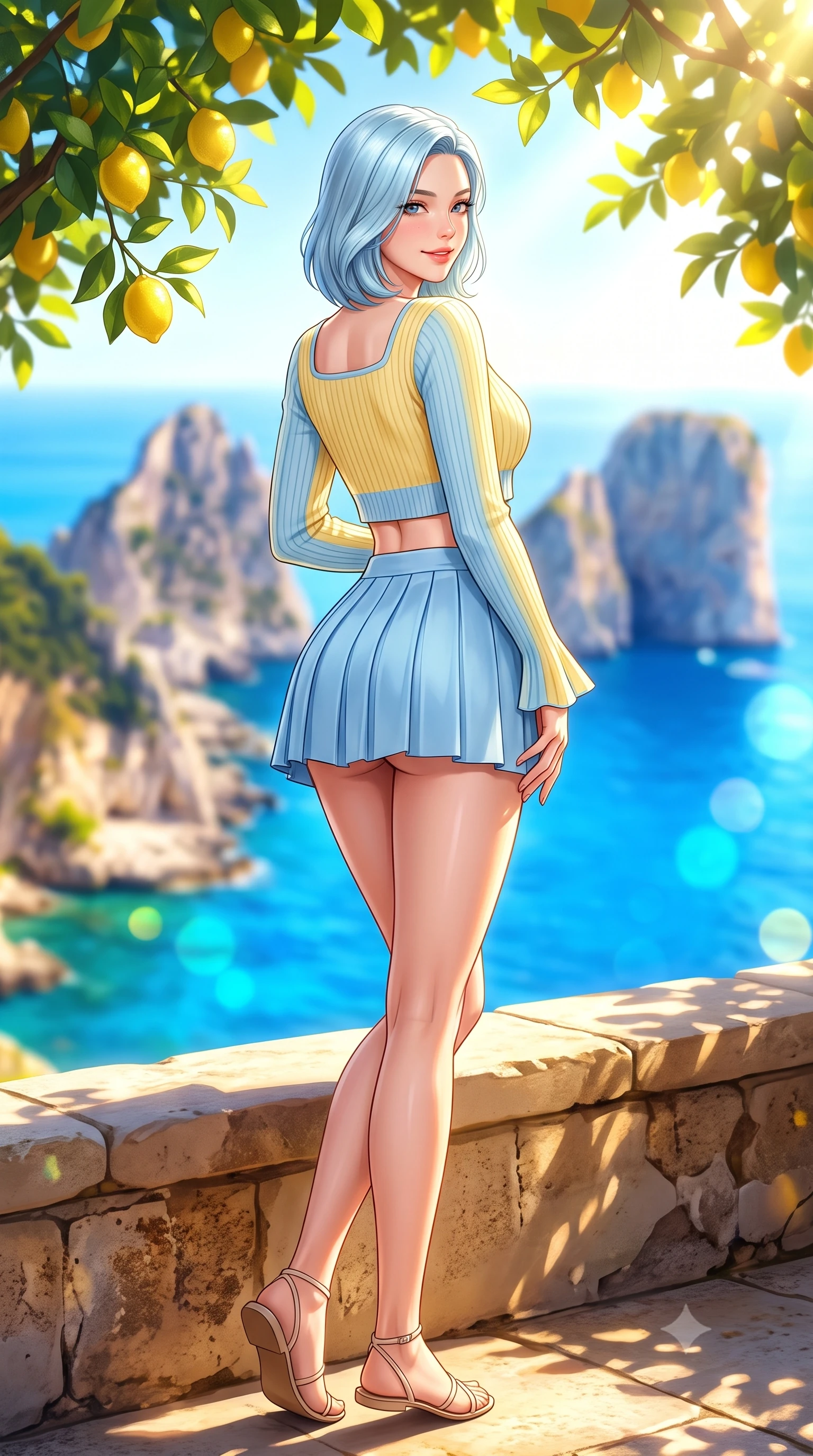 score_9, masterpiece, best quality, ultra-detailed, high-budget anime keyframe, semi-realistic 3D game render, editorial fashion photography, tasteful artistic composition, Korean woman. low angle full-body shot from head to toe showing her feet, filling the entire 9:16 vertical frame with her statuesque presence, stretching her vertical silhouette. posing with back turned slightly to the lens, glancing back with an enchanting, playful smile as she arches her lower back to emphasize her sculpted feminine hips and slender waist while perching on the ancient stone terrace wall with legs crossed, looking over a bare shoulder with a sun-kissed, teasing cute smile over the Faraglioni. The composition keeps background elements in soft focus with dreamy creamy bokeh. sun-drenched cobalt Mediterranean sea and dramatic Capri limestone cliffs blurred into radiant sapphire, turquoise, and lemon-yellow bokeh. She has an exceptionally tall and slender model-like 8.5-heads proportion, an ultra-slim waist, a flat toned midriff, narrow delicate ribcage, and beautifully sculpted feminine hips creating a graceful, slim hourglass silhouette without any bulky heaviness, with impossibly long slender legs. sharp v-shaped jawline, high-bridge nose, intricate jewel-like sparkling eyes with depth, thick eyelashes, glossy parted lips with a natural peach sheen, bright cheerful beaming smile with an enchanting and coquettish sensual glint, exuding both youthful cute charm and seductive allure, flawlessly proportioned anatomical accuracy, strict slender model proportions, natural body alignment, perfectly sculpted long slender limbs, ultra-slim waistline, clean dynamic posture without body distortion. wearing a cropped pastel ribbed knit cardigan paired with an ultra-short high-waisted pleated tennis skirt clinging tightly to her curvy hips in sunny daffodil yellow and clear sky blue, crafted from liquid-tight stretch jersey emphasizing every curve, featuring elegant flutter sleeves and a graceful square neckline, the liquid-tight tailored fabric clinging flawlessly to her narrow waist and rounded feminine hips, emphasizing every millimeter of her sculpted slim hourglass curves without any bulky heaviness. bathed in brilliant Mediterranean golden hour sunlight dappled through lush lemon tree leaves. highly saturated vibrant anime colors, detailed shading with soft gradients, rich glossy textures, high-contrast stereoscopic depth, volumetric dynamic lighting, master piece, 9:16 ratio