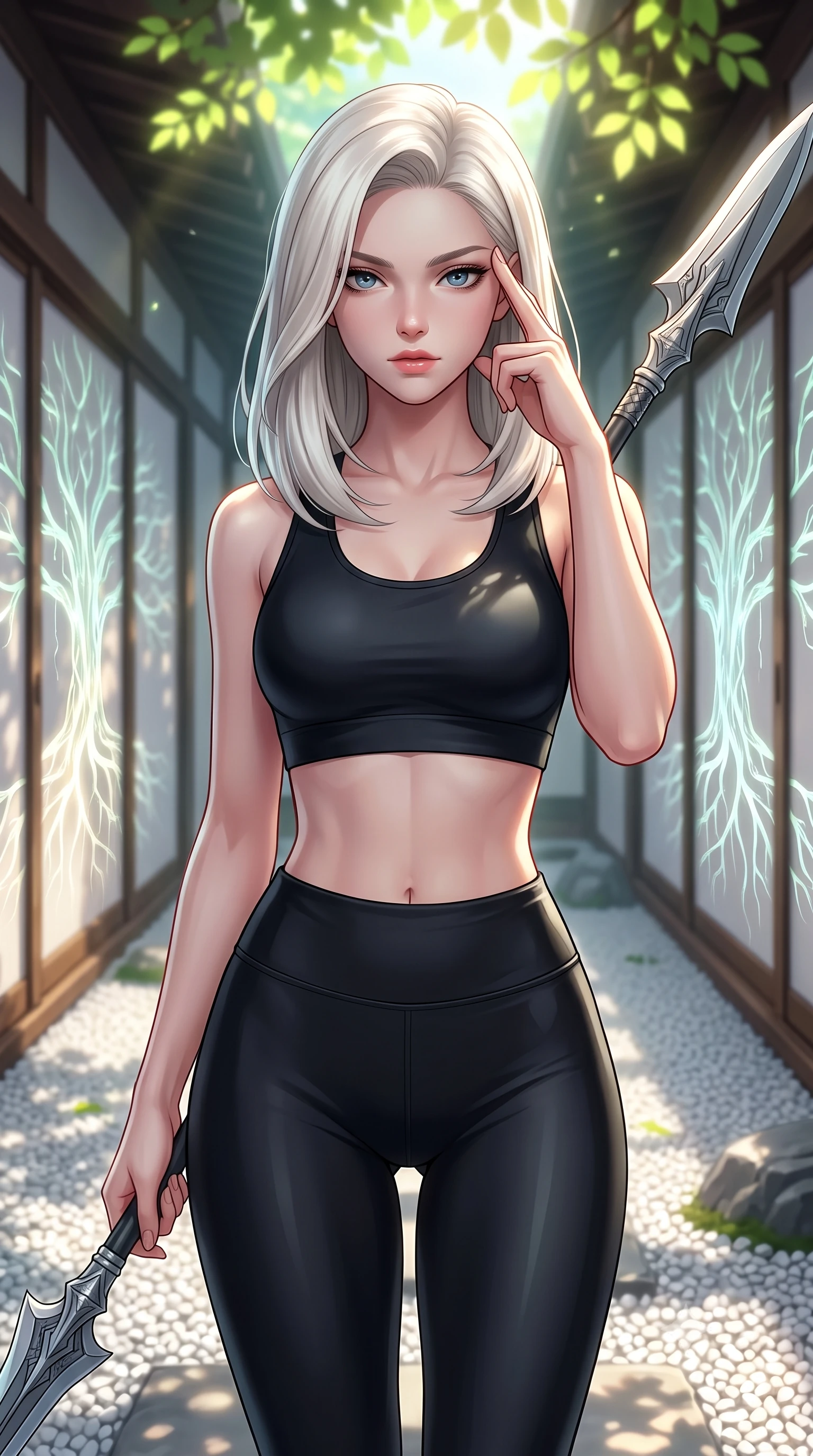 score_9, masterpiece, best quality, ultra-detailed, high-budget anime keyframe, editorial fashion photography, tasteful artistic composition, Caucasian woman. close-up cowboy shot from the waist and thighs up, the character dominates the composition, filling the frame with her large presence, background elements kept in soft focus. pressing two fingers to her temple while holding a light-spear diagonally behind her in a composed thoughtful gesture, the background shows a soft-focus a rock garden corridor with sliding doors showing digital banyan roots. She has an exceptionally elegant, slender, and willowy female figure with an ultra-slim waist, a gracefully sculpted slender torso, and a refined silhouette. sharp v-shaped jawline, high-bridge nose, intricate jewel-like eyes with depth, thick eyelashes, glossy lips with a natural sheen. wearing a form-contouring form-fitting athletic crop top and matching high-waisted compression leggings in sleek carbon-black tech fabric. dappled sunlight filtering through glowing leaves onto the white gravel path. highly saturated vibrant anime colors, detailed shading with soft gradients, rich glossy textures, high-contrast stereoscopic depth, volumetric dynamic lighting, master piece, 9:16 ratio