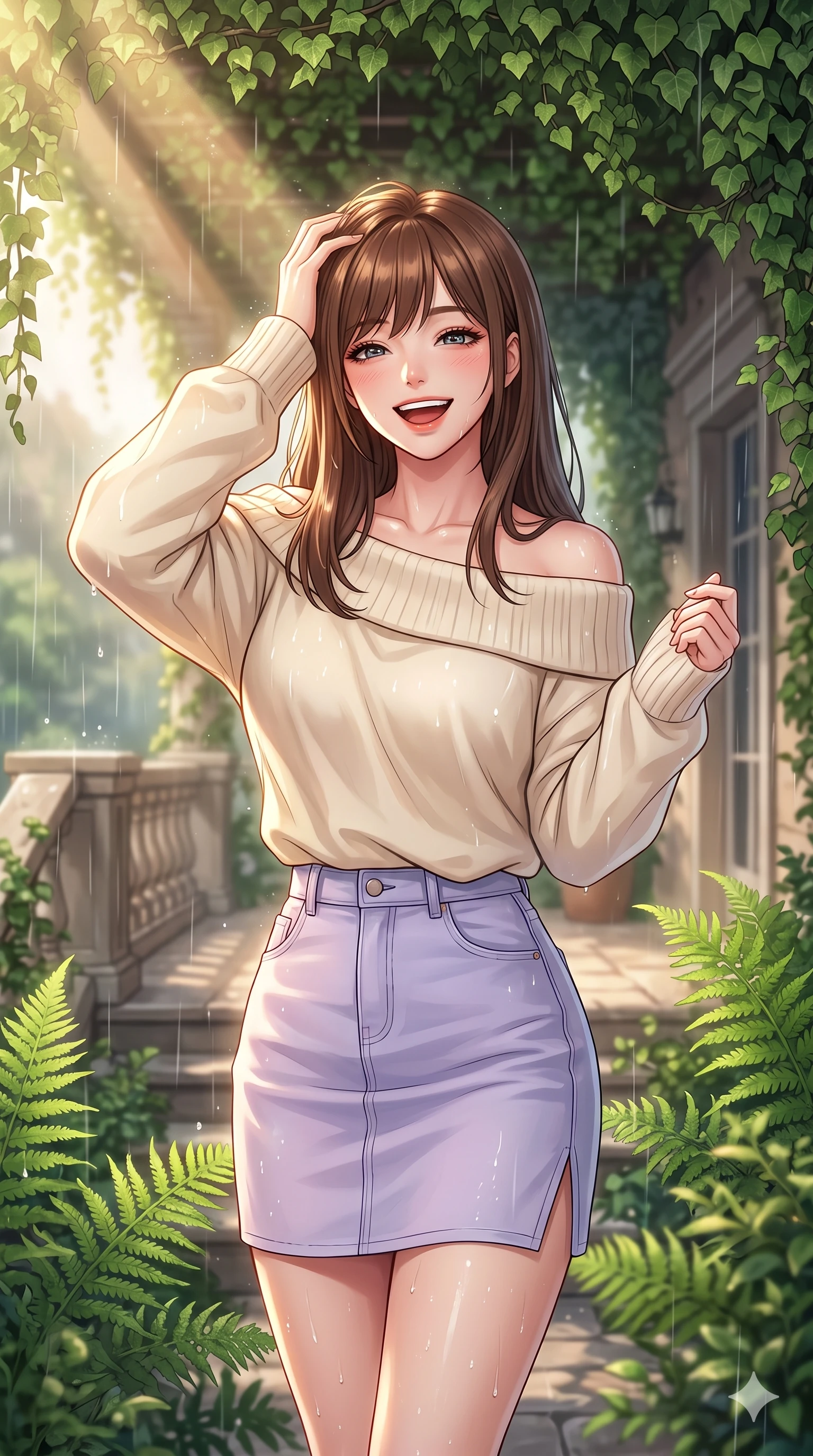 score_9, masterpiece, best quality, ultra-detailed, high-budget anime keyframe, vibrant anime aesthetic, Korean woman. close-up cowboy shot from the waist and thighs up, the character dominates the composition, filling the frame with her large presence, background elements kept in soft focus. She is laughing happily while running her fingers through her hair in the rain, with her eyes bright and full of life standing amidst vibrant green ferns. on a stone terrace of a classic villa under a leafy ivy canopy, during a warm summer rain shower (Code-P22-082). She has an absolutely perfect proportion, an exceptionally elegant and slender female figure with an ultra-slim waist. V-shaped jawline, high-bridge nose, intricate jewel-like eyes with depth, thick eyelashes, glossy lips with a natural sheen. wearing an off-shoulder oversized sweater paired with a refined side vent denim skirt in pastel lavender. She is bathed in volumetric morning sunbeams piercing through rain clouds, accentuating her slender silhouette inside the glass pavilion. 2k, ultra detail, master piece, 9:16 ratio