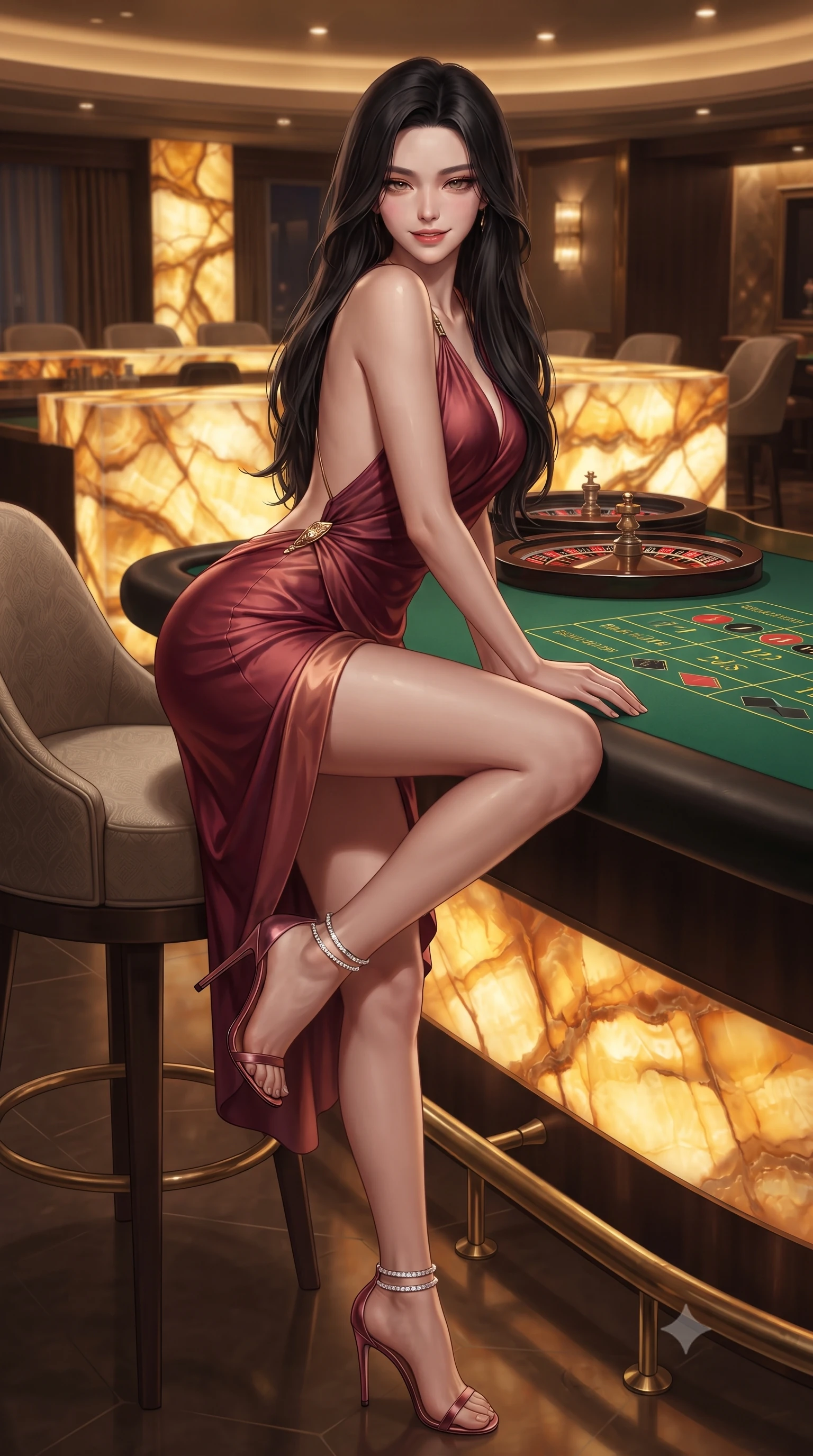 score_9, masterpiece, best quality, ultra-detailed, high-budget anime keyframe, editorial fashion photography, tasteful artistic composition, Korean woman. close-up cowboy shot from the waist and thighs up, the character dominates the composition, filling the frame with her large presence. perched sideways on the lounge seat, one knee drawn up to showcase her slender leg line while her arched back accentuates her feminine hip curve while standing poised beside the green baize roulette table with hips cocked back, casting an intoxicating, heavy-lidded smile. The surrounding environment is rendered in vivid detail and crisp panoramic clarity: sharp backlit onyx stone veining, green gaming felt weave, and polished brass foot rail gleam in deep focus. She has an exceptionally elegant, slender, and willowy female figure with an ultra-slim waist, flat toned midriff, narrow ribcage, and sculpted feminine hips creating an alluring, slim hourglass silhouette without bulk. sharp v-shaped jawline, high-bridge nose, sparkling eyes with hypnotic seductive depth, thick curled eyelashes, glossy parted lips with a natural dewy peach sheen, alluring bedroom-eyes with an enchanting coquettish smile, exuding magnetic siren charisma and sophisticated glamour, flawlessly proportioned anatomical accuracy, strict slender model proportions, natural body alignment, perfectly sculpted long slender limbs, ultra-slim waistline, clean dynamic posture without body distortion. wearing a draped Greek-goddess style silk chiffon mini toga dress with an open back and golden hip fibula in smoldering crimson wine and deep rose-gold, crafted from fluid liquid silk satin that clings smoothly to every curve with a dewy sheen, complemented by strappy stiletto sandals with crystal ankle wraps accentuating her slender calves, the high-slit wrap tailoring accentuating her ultra-slim waistline and the enchanting curve of her feminine hips with alluring seductive charm. bathed in warm intimate glow radiating upward through the translucent honey-onyx bar top. ultra-reflective glossy finish, specular highlights, rich textural contrasts, high-contrast stereoscopic depth, volumetric dynamic lighting, 2k, ultra detail, master piece, 9:16 ratio
