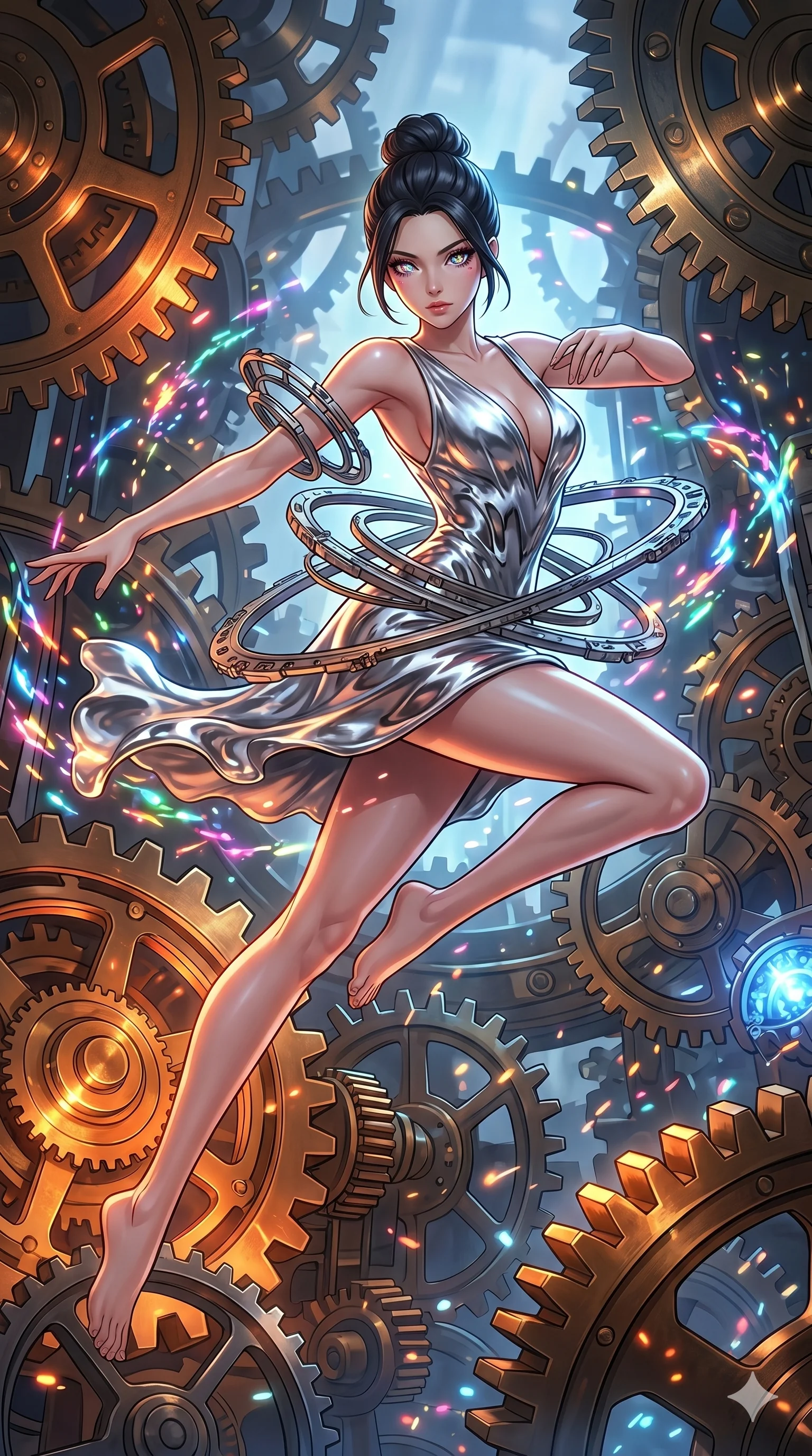 score_9, masterpiece, best quality, ultra-detailed, Set A: High-budget Anime Keyframe, Japanese woman. Low angle cowboy shot filling the entire 9:16 frame with her statuesque presence. Leaping through a throne of gears, while her eyes glow with 290 different colors and surrounded by glowing energy sparks. She has an absolutely perfect 8-heads proportion, an exceptionally tall and slender female figure with impossibly long slender legs and an ultra-slim waist. Sharp v-shaped jawline, high-bridge nose, intricate jewel-like eyes with depth, thick eyelashes, glossy lips with a natural sheen. Wearing Molten silver texture dress with a sharp V-neckline and floating mechanical rings. Cinematic lighting, vibrant colors, dramatic shadows, 2k, ultra detail, master piece, 9:16 ratio