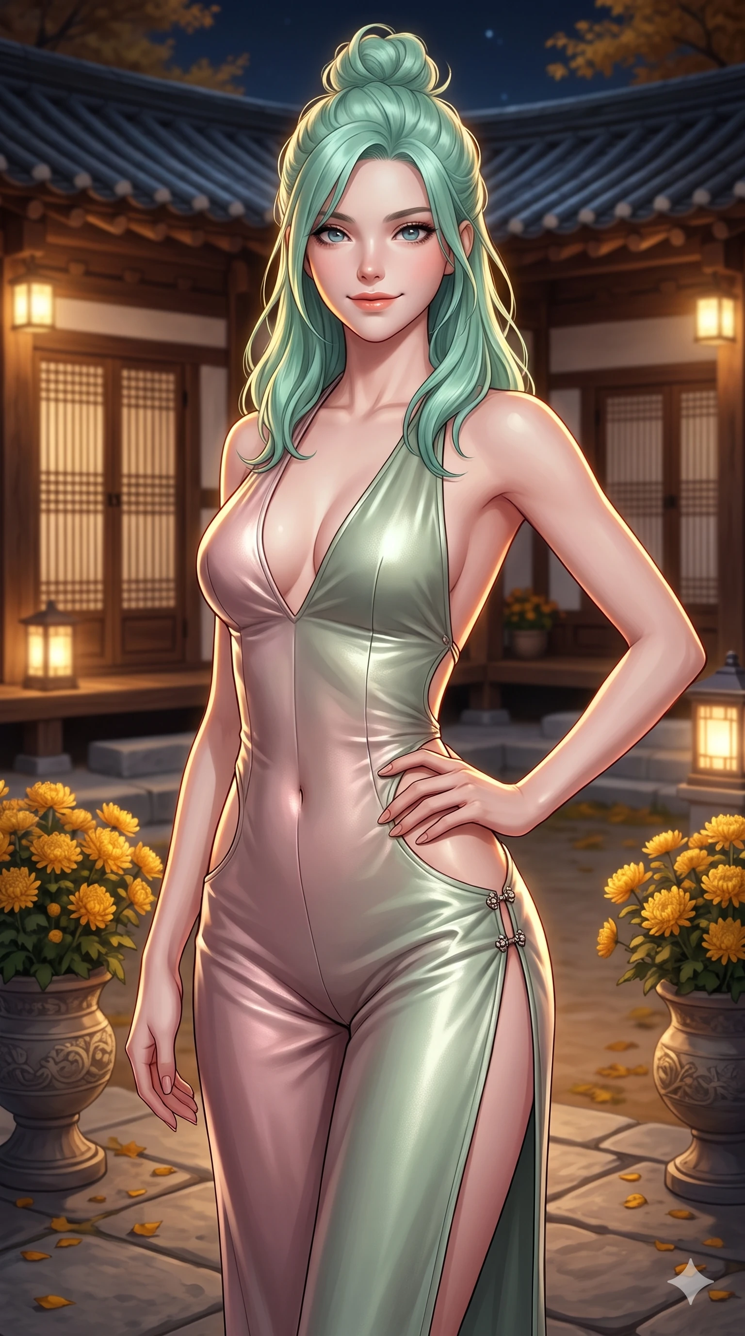 score_9, masterpiece, best quality, ultra-detailed, high-budget anime keyframe, semi-realistic 3D game render, editorial fashion photography, tasteful artistic composition, Japanese woman. close-up cowboy shot from the waist and thighs up, the character dominates the composition, filling the frame with her large presence. smiling with quiet, magnetic self-assurance directly into the camera, her sculpted waistline catching specular moonbeam highlights while twisting her slender torso in an alluring contrapposto stance between golden chrysanthemum urns, warm moonlight tracing her flat midriff. The background shows a soft-focus historic Korean hanok courtyard softened in tranquil autumn night shallow focus. She has an exceptionally elegant, slender, and willowy female figure with an ultra-slim waist, flat toned midriff, narrow ribcage, and sculpted feminine hips creating an alluring, slim hourglass silhouette without bulk. sharp v-shaped jawline, high-bridge nose, sparkling eyes with hypnotic seductive depth, thick curled eyelashes, glossy parted lips with a natural dewy peach sheen, alluring bedroom-eyes with an enchanting coquettish smile, exuding magnetic siren charisma and sophisticated glamour, flawlessly proportioned anatomical accuracy, strict slender model proportions, natural body alignment, perfectly sculpted long slender limbs, ultra-slim waistline, clean dynamic posture without body distortion. wearing a backless liquid metallic lamé plunge halterneck jumpsuit with high-cut side hip cutouts in soft lotus rose and morning dew sage green, made of supple butter-soft lambskin leather with a subtle satin sheen, finished with an ultra-high side slit secured by miniature jeweled clasps, the bespoke structured tailoring following the natural line of her 8.5-heads silhouette with refined elegance. illuminated by courtyard lantern bounce and sharp honey-gold rim lights sculpting her razor-sharp jawline, narrow waist, and curvy hips. highly saturated vibrant anime colors, detailed shading with soft gradients, rich glossy textures, high-contrast stereoscopic depth, volumetric dynamic lighting, master piece, 9:16 ratio