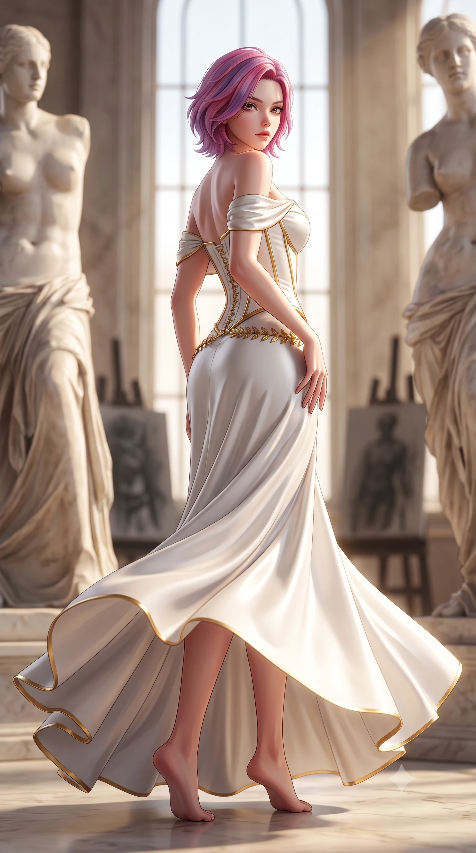 score_9, masterpiece, best quality, ultra-detailed, high-budget anime keyframe, semi-realistic 3D game render, editorial fashion photography, tasteful artistic composition, Caucasian woman. low angle full-body shot from head to toe showing her feet, filling the entire 9:16 vertical frame with her statuesque presence, stretching her vertical silhouette. executing an elegant mid-motion pivot turn as garments swirl around her slender limbs, glancing over her shoulder with an intoxicating bedroom-gaze while standing poised between colossal marble statues, one hand sliding along her hip line in pure sculptural supermodel grace. The composition keeps background elements in soft focus with creamy bokeh. towering plaster neoclassical statues and canvas easel silhouettes blurred into creamy alabaster, charcoal, and warm stone bokeh. She has an absolutely perfect, statuesque 8.5-heads proportion, an exceptionally tall and slender model-like female figure with impossibly long slender legs, a toned flat midriff, an ultra-slim waist, and beautifully sculpted feminine hips. sharp v-shaped jawline, high-bridge nose, intricate jewel-like eyes with depth, thick eyelashes, glossy parted lips with a natural sheen, intensely captivating and seductive bedroom-eyes expression, flawlessly proportioned anatomical accuracy, strict slender model proportions, natural body alignment, perfectly sculpted long slender limbs, ultra-slim waistline, clean dynamic posture without body distortion. wearing a statuesque off-shoulder duchess satin atelier dress with a boned corset bodice and bodycon fit in pure Carrara marble white and polished gold leaf, made of fluid silk crepe with delicate inner corsetry boning, accented with a delicate golden laurel leaf waist chain framing the curve of her hips, the liquid-tight tailored fabric clinging flawlessly to her narrow waist and rounded feminine hips, emphasizing every millimeter of her sculpted hourglass curves during movement. bathed in dramatic natural north skylight streaming through cathedral windows. highly saturated vibrant anime colors, detailed shading with soft gradients, rich glossy textures, high-contrast stereoscopic depth, volumetric dynamic lighting, master piece, 9:16 ratio