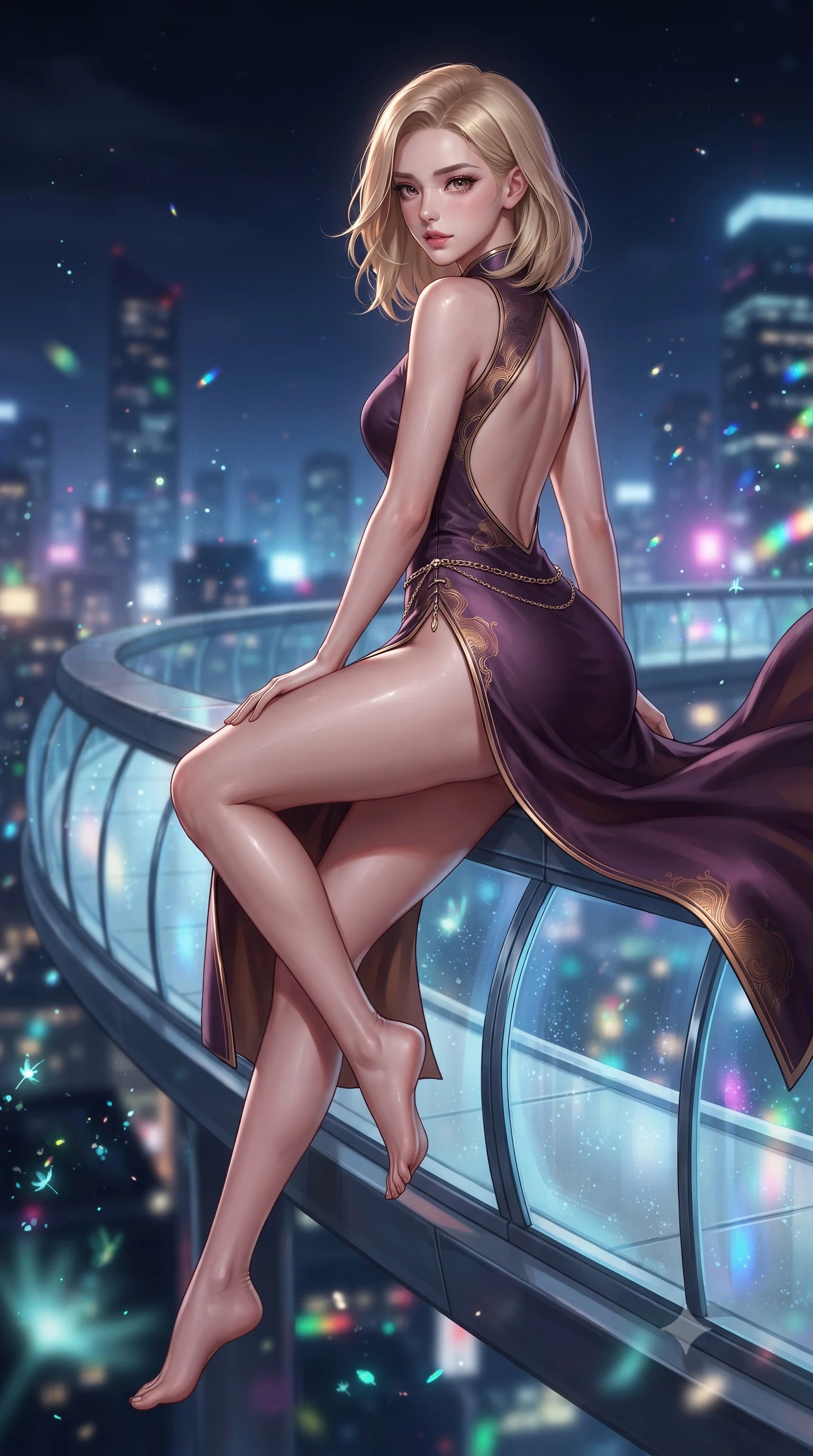 score_9, masterpiece, best quality, ultra-detailed, high-budget anime keyframe, editorial fashion photography, tasteful artistic composition, Korean woman. low angle full-body shot from head to toe showing her feet, filling the entire 9:16 vertical frame with her statuesque presence, stretching her vertical silhouette. sitting perched on the elevated edge with hips angled toward the camera and legs crossed, displaying her toned midriff and flawlessly sculpted slender limbs while executing an elegant mid-motion turn as night winds whip her high-slit dress, her statuesque vertical presence dominating the futuristic panorama. The composition keeps background elements in soft focus with creamy bokeh. bioluminescent plant spores and city skyline reflections scattering vibrant chromatic light motes. She has an exceptionally tall and slender model-like 8.5-heads proportion, an ultra-slim waist, a flat toned midriff, narrow delicate ribcage, and beautifully sculpted feminine hips creating a graceful, slim hourglass silhouette without any bulky heaviness, with impossibly long slender legs. sharp v-shaped jawline, high-bridge nose, intricate jewel-like eyes with depth, thick eyelashes, glossy parted lips with a natural sheen, intensely captivating and seductive bedroom-eyes expression, flawlessly proportioned anatomical accuracy, strict slender model proportions, natural body alignment, perfectly sculpted long slender limbs, ultra-slim waistline, clean dynamic posture without body distortion. wearing a modernized cyber-qipao mini dress with an ultra-high side slit ascending to the hip and glowing piping in deep plum violet and antique bronze, made of fluid silk crepe with delicate inner corsetry boning, accented with a delicate gold chain belt resting loosely on her curvy hips, the dramatically scooped open back descending to the base of her spine, accentuating her razor-sharp statuesque lines and slim hourglass silhouette. surrounded by a visionary, electrifying, and breathlessly magnificent eco-metropolis queen aura. ultra-reflective glossy finish, specular highlights, rich textural contrasts, high-contrast stereoscopic depth, volumetric dynamic lighting, 2k, ultra detail, master piece, 9:16 ratio