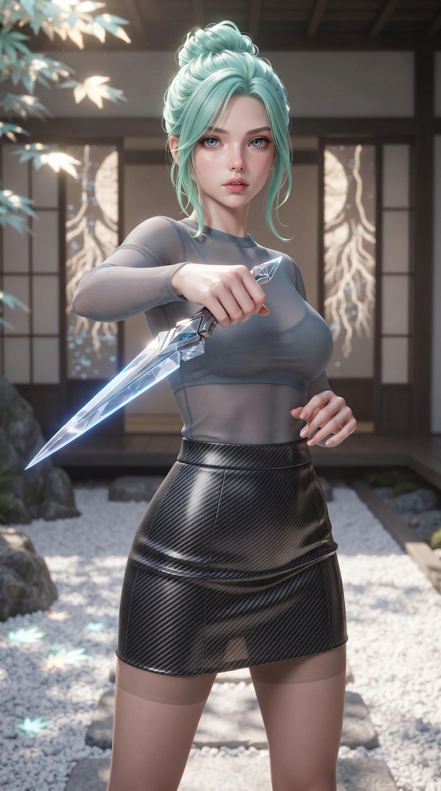 score_9, masterpiece, best quality, ultra-detailed, high-budget anime keyframe, editorial fashion photography, tasteful artistic composition, Japanese woman. close-up cowboy shot from the waist and thighs up, the character dominates the composition, filling the frame with her large presence, background elements kept in soft focus. pointing a crystal-edged laser dagger forward in a defensive stance, tilting her chin up slightly with lips parted in a composed pose, the background shows a soft-focus a rock garden corridor with sliding doors showing digital banyan roots. She has an exceptionally elegant, slender, and willowy female figure with an ultra-slim waist, a gracefully sculpted slender torso, and a refined silhouette. sharp v-shaped jawline, high-bridge nose, intricate jewel-like eyes with depth, thick eyelashes, glossy lips with a natural sheen. wearing a slim-fit semi-transparent mesh top in slate grey, paired with a carbon-fiber mini skirt and sheer stockings. dappled sunlight filtering through glowing leaves onto the white gravel path. ultra-reflective glossy finish, specular highlights, metallic sheen, high-contrast stereoscopic depth, volumetric dynamic lighting, 2k, ultra detail, master piece, 9:16 ratio