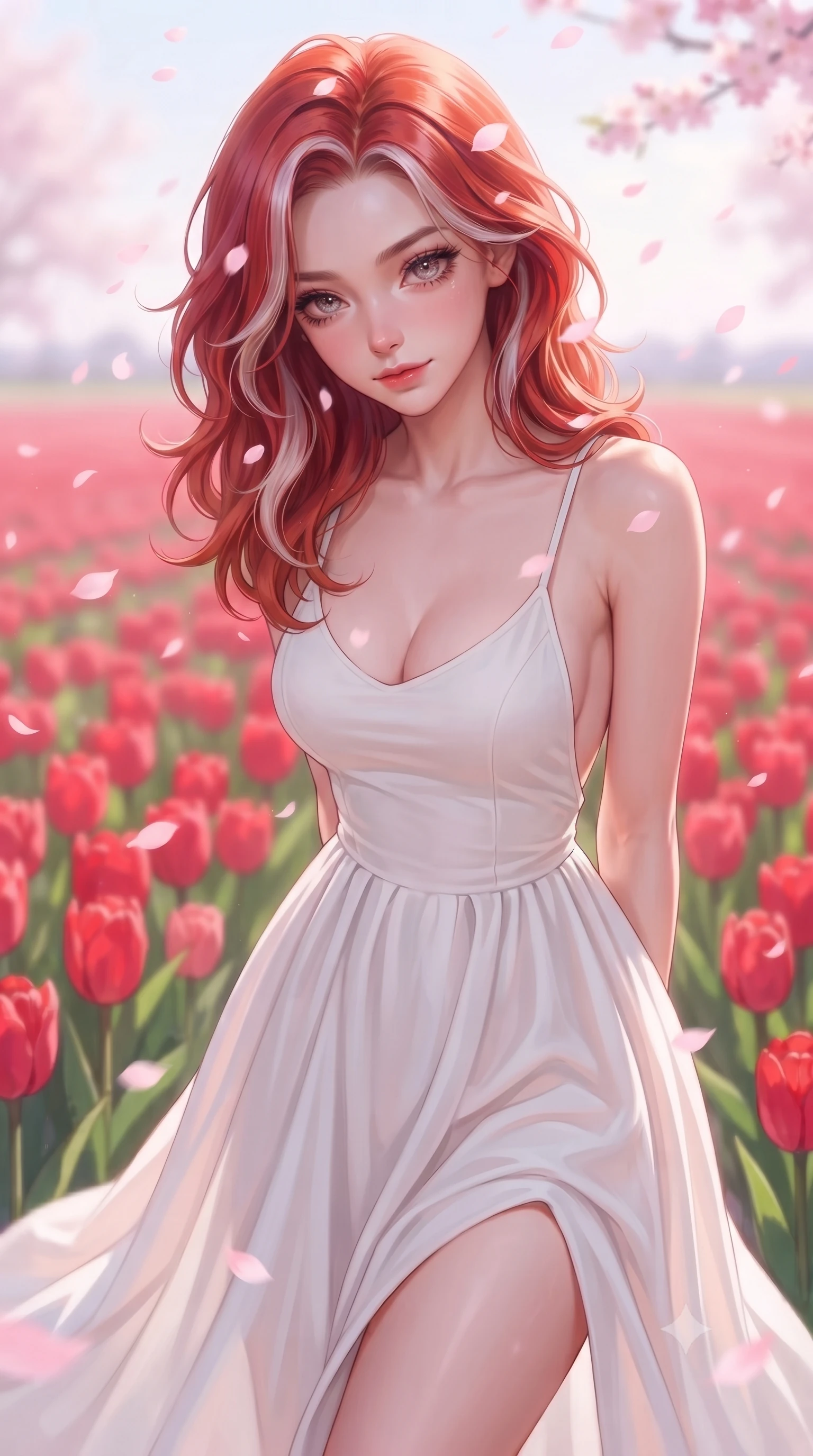 score_9, masterpiece, best quality, ultra-detailed, high-budget anime keyframe, editorial fashion photography, tasteful artistic composition, Caucasian woman. close-up cowboy shot from the waist and thighs up, the character dominates the composition, filling the frame with her large presence, background elements kept in soft focus. tilting her chin down slightly, looking up at the viewer with a deeply charming, smoldering gaze set against a soft-focus background of in a bright field of red tulips stretching to the horizon catching falling pink cherry blossom petals with a delighted look. She has an exceptionally elegant, slender, and willowy female figure with an ultra-slim waist, a gracefully sculpted slender torso, and a refined silhouette. sharp v-shaped jawline, high-bridge nose, intricate jewel-like eyes with depth, thick eyelashes, glossy lips with a natural sheen. wearing form-contouring backless cotton sundress in white, featuring delicate straps and a long flowing skirt. soft diffused daylight creating a dreamy, pastel-colored country glow. highly saturated vibrant anime colors, detailed shading with soft gradients, rich glossy textures, high-contrast stereoscopic depth, volumetric dynamic lighting, master piece, 9:16 ratio