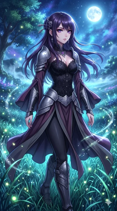 score_9, masterpiece, best quality, ultra-detailed, High-budget Anime Keyframe, beautiful Japanese anime girl. Upper body close-up from the thighs up, character filling the screen for maximum presence. Walking through a field of tall grass that glows