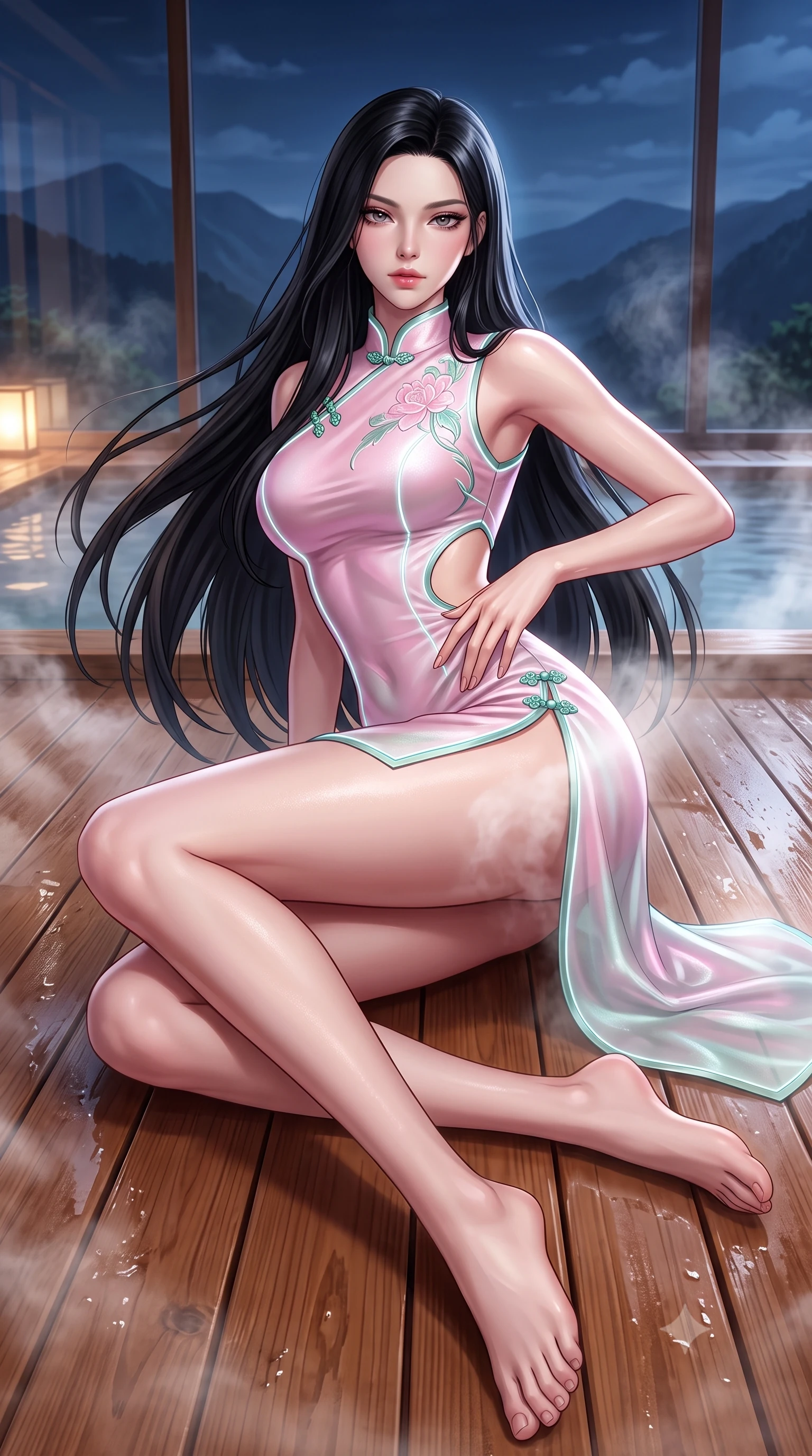 score_9, masterpiece, best quality, ultra-detailed, high-budget anime keyframe, semi-realistic 3D game render, editorial fashion photography, tasteful artistic composition, Korean woman. low angle full-body shot from head to toe showing her feet, filling the entire 9:16 vertical frame with her statuesque presence, stretching her vertical silhouette. reclining on her side in an elegant Cleopatra pose with one knee drawn up, the dramatic contour of her rounded hips and long slender legs commanding the 9:16 vertical frame while kneeling gracefully on the warm wet cedar deck, one hand resting on her bare hip as thermal steam caresses her feminine curves. The surrounding environment is rendered in vivid detail and crisp panoramic clarity. atmospheric nocturnal thermal chiaroscuro and private mountain-view skylounge luxury in precision. She has an absolutely perfect, statuesque 8.5-heads proportion, an exceptionally tall and slender model-like female figure with impossibly long slender legs, a toned flat midriff, an ultra-slim waist, and beautifully sculpted feminine hips. sharp v-shaped jawline, high-bridge nose, intricate jewel-like eyes with depth, thick eyelashes, glossy parted lips with a natural sheen, intensely captivating and seductive bedroom-eyes expression, flawlessly proportioned anatomical accuracy, strict slender model proportions, natural body alignment, perfectly sculpted long slender limbs, ultra-slim waistline, clean dynamic posture without body distortion. wearing a futuristic embroidered qipao mini dress with glowing fiber-optic seams and side cutouts in lotus petal pink and jade mist, crafted from traditional Korean gossamer silk organza with pearlescent luster, finished with an ultra-high side slit secured by miniature jade clasps, the form-contouring material adhering flawlessly to her sculpted flat midriff and slender torso, emphasizing her long leg lines and perfectly proportioned willowy build. surrounded by an intimate, tranquil, and deeply sensual Japanese skylounge muse aura. highly saturated vibrant anime colors, detailed shading with soft gradients, rich glossy textures, high-contrast stereoscopic depth, volumetric dynamic lighting, master piece, 9:16 ratio