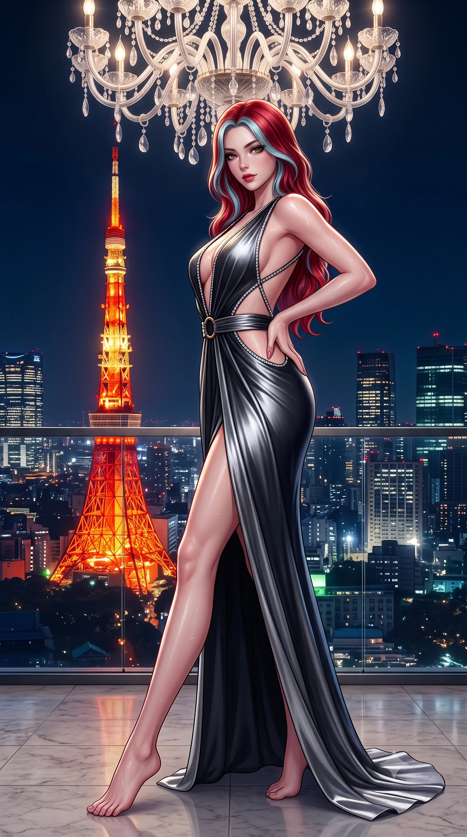 score_9, masterpiece, best quality, ultra-detailed, high-budget anime keyframe, semi-realistic 3D game render, editorial fashion photography, tasteful artistic composition, Caucasian woman. low angle full-body shot from head to toe showing her feet, filling the entire 9:16 vertical frame with her statuesque presence, stretching her vertical silhouette. pausing mid-stride beneath the grand chandelier with one hand resting on her narrow waist, her arched hips and statuesque 8.5-heads presence commanding the 9:16 vertical frame while leaning back against the sleek glass parapet with hips cocked back, casting an intoxicating, sultry bedroom-gaze over a bare shoulder toward the lens. The surrounding environment is rendered in vivid detail and crisp panoramic clarity. detailed evening wear sheen, glistening moisture on skin, and Tokyo skyline architectural precision in high resolution. She has an exceptionally tall and slender model-like 8.5-heads proportion, an ultra-slim waist, a flat toned midriff, narrow delicate ribcage, and beautifully sculpted feminine hips creating a graceful, slim hourglass silhouette without any bulky heaviness, with impossibly long slender legs. sharp v-shaped jawline, high-bridge nose, intricate jewel-like dark sparkling eyes with dangerous depth, thick curled eyelashes, glossy parted lips with a rich wine sheen, smoldering seductive half-smile with bedroom-eyes, exuding effortless superiority and intoxicating dark allure, flawlessly proportioned anatomical accuracy, strict slender model proportions, natural body alignment, perfectly sculpted long slender limbs, ultra-slim waistline, clean dynamic posture without body distortion. wearing a deep plunging-V silk jersey evening gown with an open back scoop and waist-cinching gold ring in metallic liquid silver and pitch black, tailored from fine lightweight midnight wool crepe with crisp architectural structure, finished with subtle crystal rhinestones lining the plunging neckline, the precision-cut side openings and low-back scoop framing her graceful spine and the sensual sweep of her slim, toned hips. bathed in the warm radiant scarlet and orange glow of Tokyo Tower contrasted with deep midnight navy skies. highly saturated vibrant anime colors, detailed shading with soft gradients, rich glossy textures, high-contrast stereoscopic depth, volumetric dynamic lighting, master piece, 9:16 ratio
