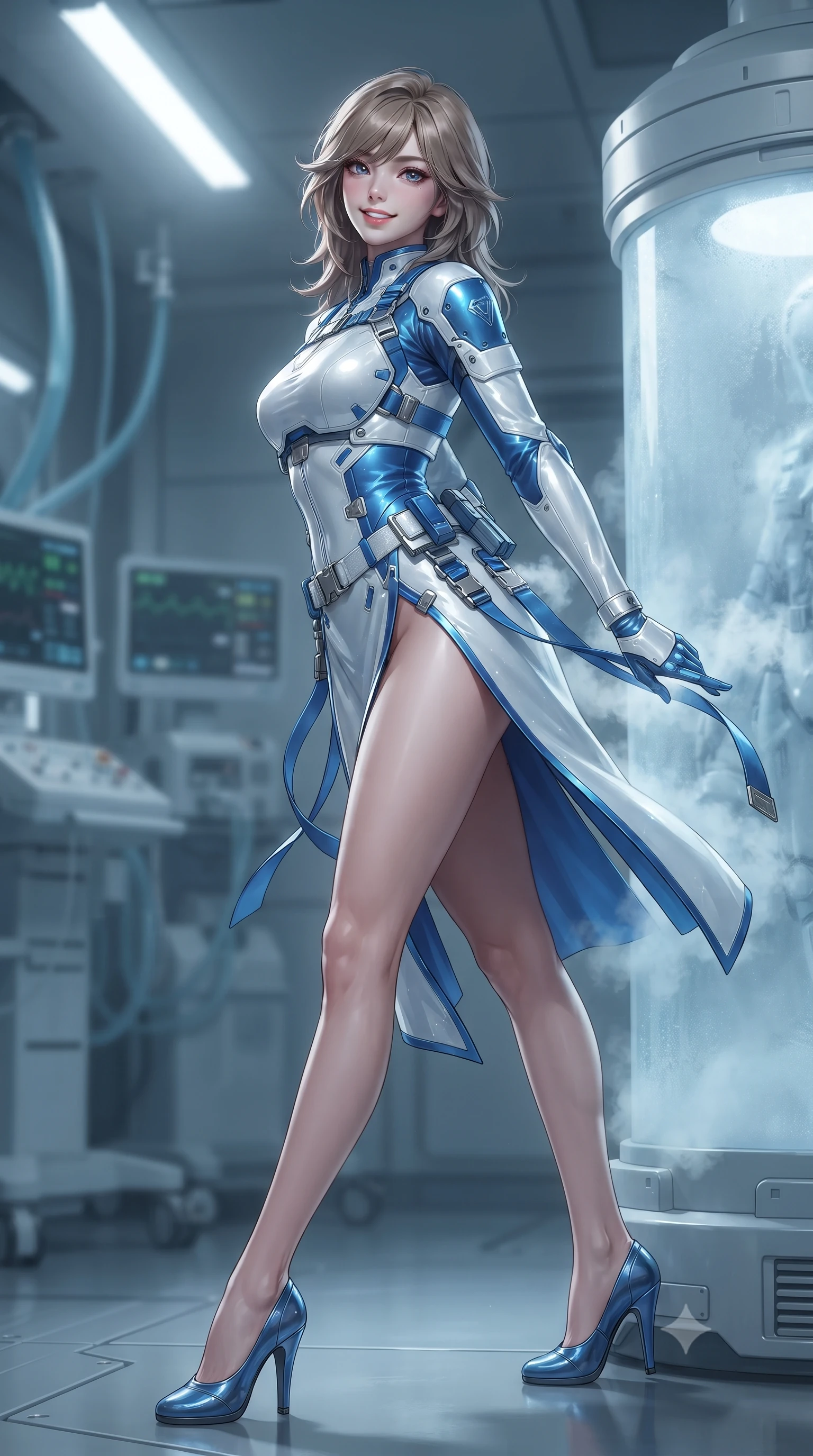 score_9, masterpiece, best quality, ultra-detailed, high-budget anime keyframe, editorial fashion photography, tasteful artistic composition, Korean woman. low angle full-body shot from head to toe showing her feet, filling the entire 9:16 vertical frame with her statuesque presence, stretching her vertical silhouette. executing a cheerful mid-motion pivot turn as her tactical belt and ribbons flutter around her slender legs, glancing over her shoulder with an intoxicating, teasing bedroom-gaze while leaning against a frosted glass stasis pod with hips cocked back, casting an intoxicating, mysterious bedroom-gaze through sub-zero vapor. The background shows a soft-focus overhead cryogenic coolant lines and digital vital signs monitors softened in eerie sci-fi medical shallow focus. She has an absolutely perfect, statuesque 8.5-heads proportion, an exceptionally tall and slender model-like female figure with impossibly long slender legs, an ultra-slim waist, a flat toned midriff, narrow delicate ribcage, and beautifully sculpted feminine hips creating a graceful, slim hourglass silhouette without any bulky heaviness. sharp v-shaped jawline, high-bridge nose, intricate jewel-like sparkling eyes with depth, thick eyelashes, glossy parted lips with a natural sheen, bright confident smile with an enchanting and coquettish sensual glint, exuding both youthful magnetic charm and sovereign high-tech allure, flawlessly proportioned anatomical accuracy, strict slender model proportions, natural body alignment, perfectly sculpted long slender limbs, ultra-slim waistline, clean dynamic posture without body distortion. wearing a cyber-samurai tactical suit featuring a shortened carbon chestplate and high-slit armored wrap skirt in arctic snowflake white and electric plasma blue, tailored from brushed aeronautical titanium alloy with matte satin sheen, finished with polished chrome buckle hardware and modular magnetic holster clasps, the aerodynamic second-skin silhouette tightly following the natural contour of her hips and long slender legs with youthful 8.5-heads elegance. illuminated by overhead cold-white strip lights and sharp crystalline silver rim lights carving her slim waist, hips, and jawline. ultra-reflective glossy finish, specular highlights, rich textural contrasts, high-contrast stereoscopic depth, volumetric dynamic lighting, 2k, ultra detail, master piece, 9:16 ratio