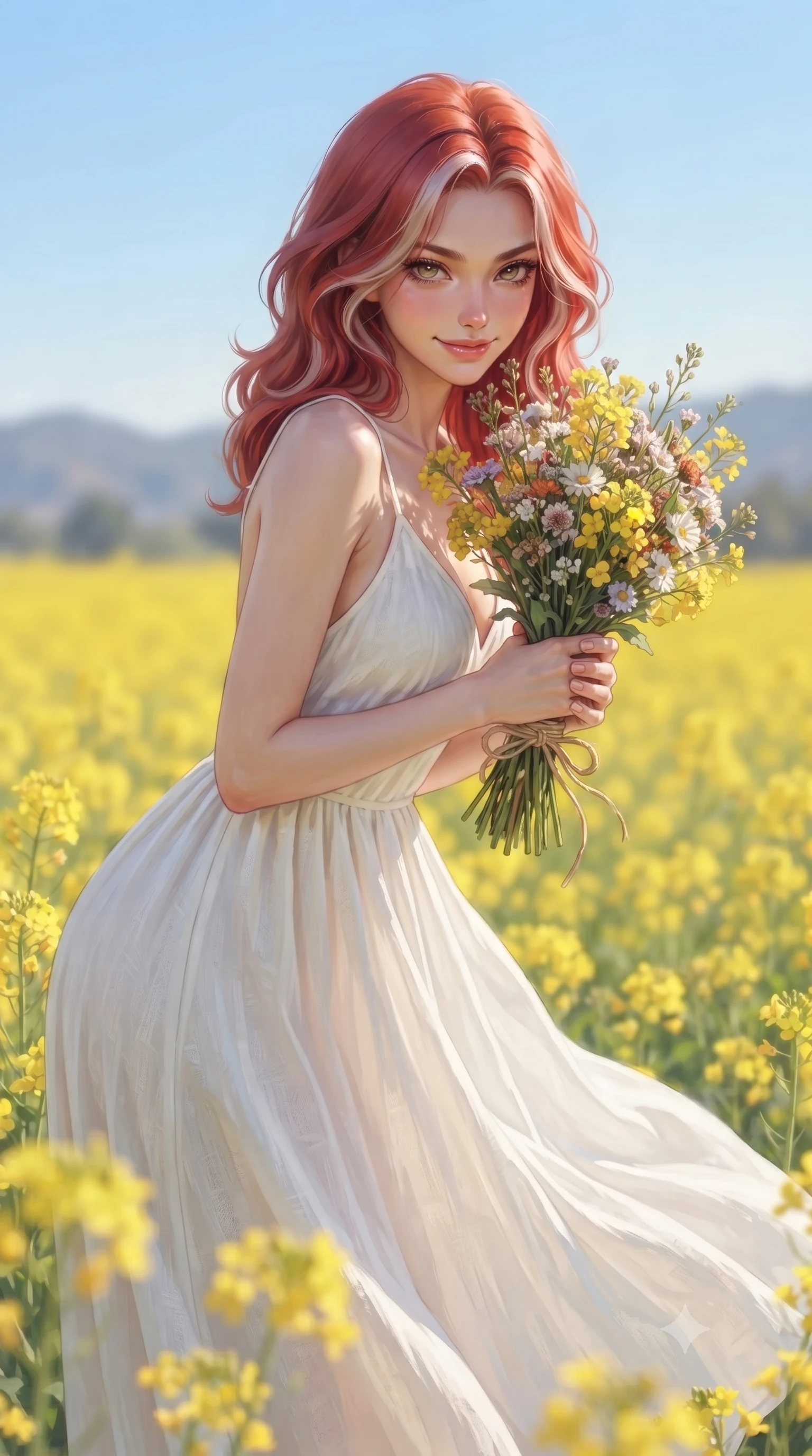 score_9, masterpiece, best quality, ultra-detailed, high-budget anime keyframe, editorial fashion photography, tasteful artistic composition, Caucasian woman. close-up cowboy shot from the waist and thighs up, the character dominates the composition, filling the frame with her large presence, background elements kept in soft focus. leaning slightly forward with a playful, sultry smile that holds direct, intense eye contact set against a soft-focus background of in a vast field of bright yellow canola flowers under a clear blue sky holding a beautiful wildflower bouquet tied with a simple twine ribbon. She has an exceptionally elegant, slender, and willowy female figure with an ultra-slim waist, a gracefully sculpted slender torso, and a refined silhouette. sharp v-shaped jawline, high-bridge nose, intricate jewel-like eyes with depth, thick eyelashes, glossy lips with a natural sheen. wearing form-contouring backless cotton sundress in white, featuring delicate straps and a long flowing skirt. soft diffused daylight creating a dreamy, pastel-colored country glow. highly saturated vibrant anime colors, detailed shading with soft gradients, rich glossy textures, high-contrast stereoscopic depth, volumetric dynamic lighting, master piece, 9:16 ratio