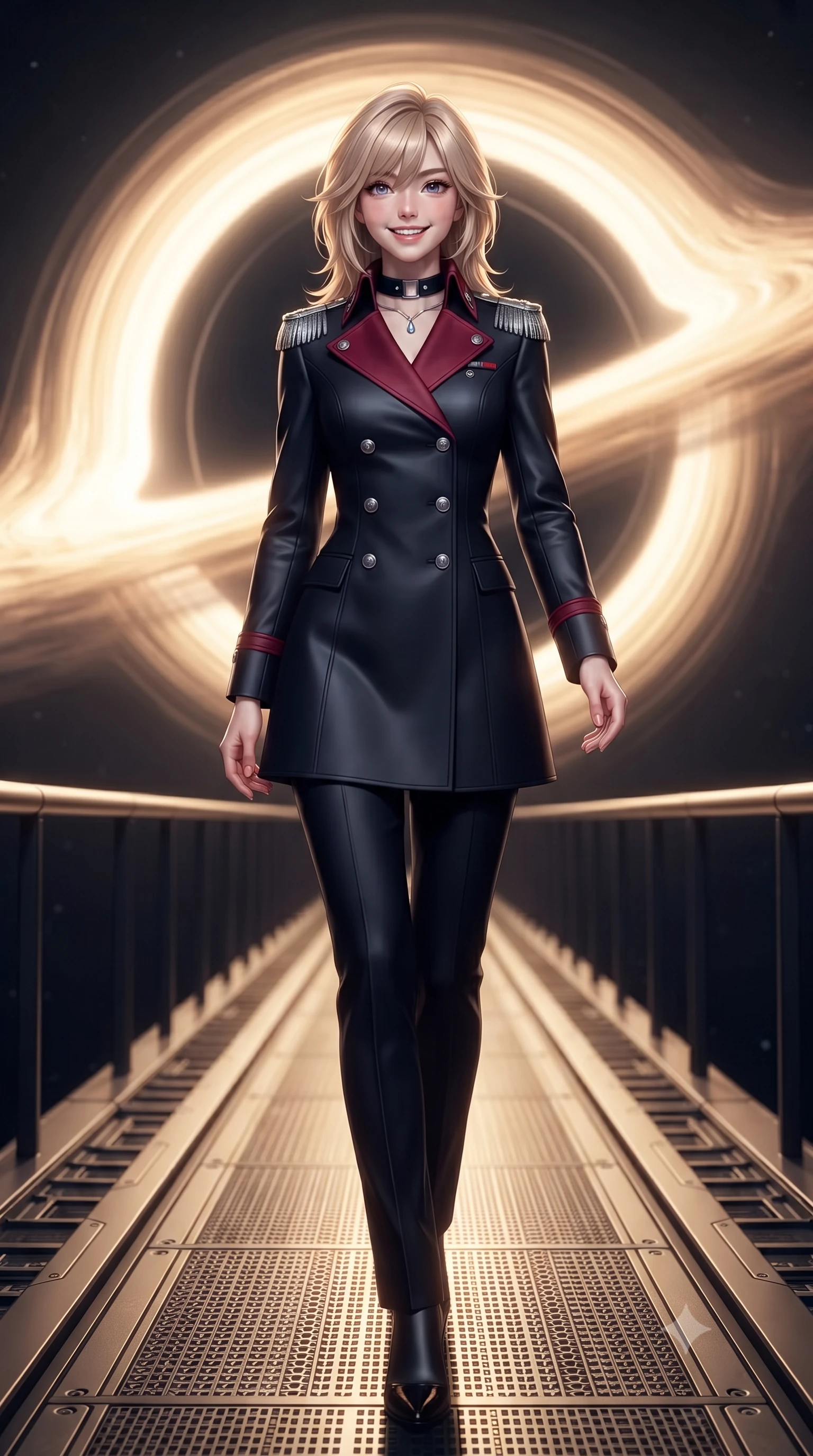 score_9, masterpiece, best quality, ultra-detailed, high-budget anime keyframe, editorial fashion photography, tasteful artistic composition, Japanese woman. low angle full-body shot from head to toe showing her feet, filling the entire 9:16 vertical frame with her statuesque presence, stretching her vertical silhouette. stepping slowly toward the camera with hypnotic grace, hips swaying in an alluring sensual rhythm that accentuates her curvy hourglass silhouette and long slender legs while standing poised on the magnetic suspension bridge inside the hollow asteroid, arching her back with siren allure as a captured micro-black hole pulses with golden synchrotron radiation rings. The background shows a soft-focus gravitational distortion shimmer softened in quantum singularity chamber shallow focus. She has an exceptionally tall and slender model-like 8.5-heads proportion, an ultra-slim waist, a flat toned midriff, narrow delicate ribcage, and beautifully sculpted feminine hips creating a graceful, slim hourglass silhouette without any bulky heaviness, with impossibly long slender legs. sharp v-shaped jawline, high-bridge nose, intricate jewel-like sparkling eyes with depth, thick eyelashes, glossy parted lips with a natural peach sheen, bright cheerful beaming smile with an enchanting and coquettish sensual glint, exuding both youthful cute charm and seductive allure, flawlessly proportioned anatomical accuracy, strict slender model proportions, natural body alignment, perfectly sculpted long slender limbs, ultra-slim waistline, clean dynamic posture without body distortion. wearing a tailored orbital navy officer dress uniform featuring a structured double-breasted coat with silver epaulets, high mandarin collar, and matching pressed slacks in Star-Fortress obsidian black and imperial crimson, crafted from bespoke double-faced cashmere with an exceptionally soft tactile finish, finished with a minimalist chrome choker and a single teardrop diamond pendant, the bespoke structured tailoring following the natural line of her 8.5-heads silhouette with refined elegance. bathed in the blinding golden synchrotron radiation of the singularity contrasted with deep obsidian shadow gradients. ultra-reflective glossy finish, specular highlights, rich textural contrasts, high-contrast stereoscopic depth, volumetric dynamic lighting, 2k, ultra detail, master piece, 9:16 ratio