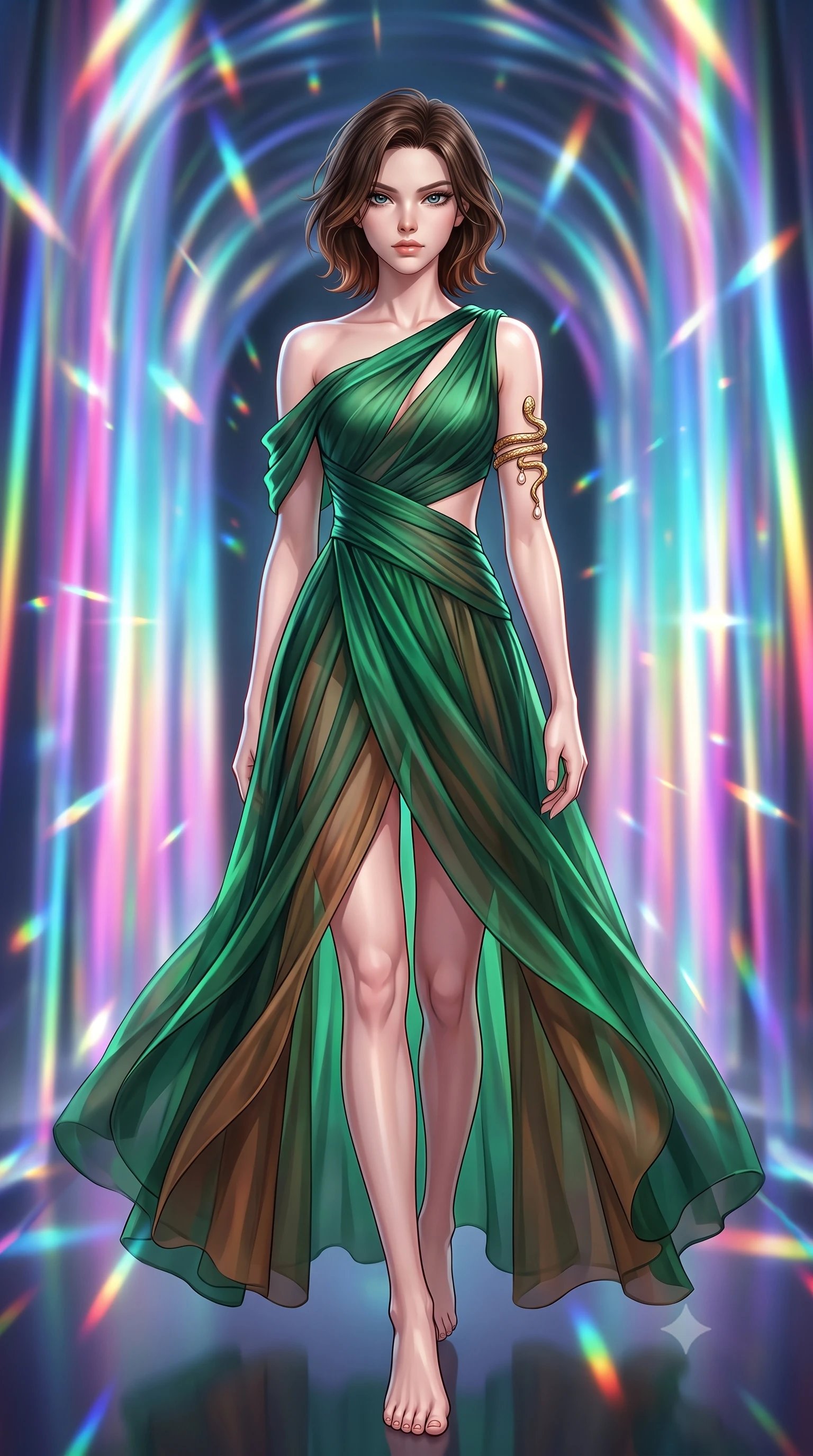 score_9, masterpiece, best quality, ultra-detailed, high-budget anime keyframe, semi-realistic 3D game render, editorial fashion photography, tasteful artistic composition, Korean woman. low angle full-body shot from head to toe showing her feet, filling the entire 9:16 vertical frame with her statuesque presence, stretching her vertical silhouette. landing lightly on the balls of her feet in a balanced kinetic stance, eyes locked onto the camera with fearless allure while walking through a tunnel of pulsing chromatic light curtains with effortless high-fashion runway poise. The composition keeps background elements in soft focus with creamy bokeh. refracted light beams and internal acrylic reflections scattering radiant chromatic light motes. She has an absolutely perfect, statuesque 8.5-heads proportion, an exceptionally tall and slender model-like female figure with impossibly long slender legs, a toned flat midriff, and an ultra-slim waist. sharp v-shaped jawline, high-bridge nose, intricate jewel-like eyes with depth, thick eyelashes, glossy lips with a natural sheen, captivating and magnetic expression, flawlessly proportioned anatomical accuracy, strict slender model proportions, natural body alignment, perfectly sculpted long slender limbs, ultra-slim waistline, clean dynamic posture without body distortion. wearing an ethereal emerald-green silk chiffon gown with an asymmetric shoulder drape and sheer layered skirt in deep emerald green and bronze, woven from airy multi-layered silk chiffon with a weightless drape, accented with a sculptured gold serpent armlet and pearl drops edition #12, the form-contouring material adhering flawlessly to her sculpted flat midriff and slender torso, emphasizing her long leg lines and perfectly proportioned willowy build. surrounded by a cutting-edge, avant-garde, and mesmerizingly stylish future-fashion muse aura. highly saturated vibrant anime colors, detailed shading with soft gradients, rich glossy textures, high-contrast stereoscopic depth, volumetric dynamic lighting, master piece, 9:16 ratio