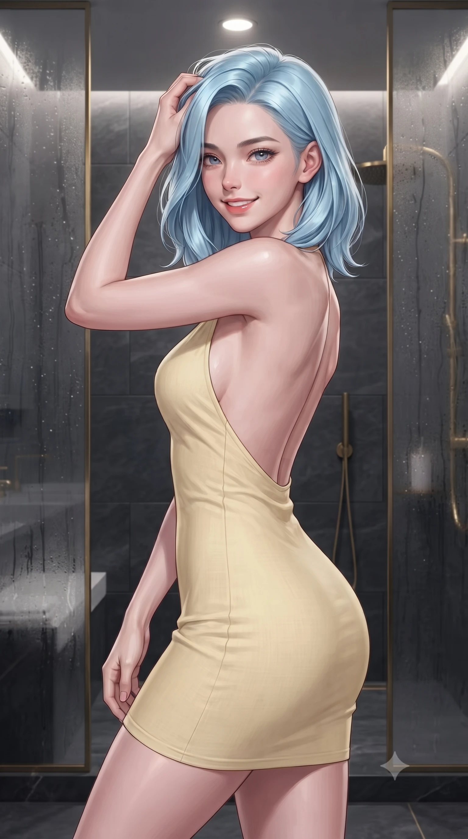 score_9, masterpiece, best quality, ultra-detailed, high-budget anime keyframe, editorial fashion photography, tasteful artistic composition, Korean woman woman. close-up cowboy shot from the waist and thighs up, the character dominates the composition, filling the frame with her large presence, background elements kept in soft focus. smiling with quiet, magnetic self-assurance directly into the camera, running a hand through her hair the background shows a soft-focus a sleek modern steam shower chamber made of dark slate tile and gold accents. She has an exceptionally elegant, slender, and willowy female figure with an ultra-slim waist, a gracefully sculpted slender torso, and a refined silhouette. sharp v-shaped jawline, high-bridge nose, intricate jewel-like eyes with depth, thick eyelashes, glossy lips with a natural sheen. wearing a body-hugging backless summer sundress in pale yellow linen, showing her elegant shoulder blades. soft diffused ceiling lighting highlighting the condensation on the glass and her skin. ultra-reflective glossy finish, specular highlights, metallic sheen, high-contrast stereoscopic depth, volumetric dynamic lighting, 2k, ultra detail, master piece, 9:16 ratio