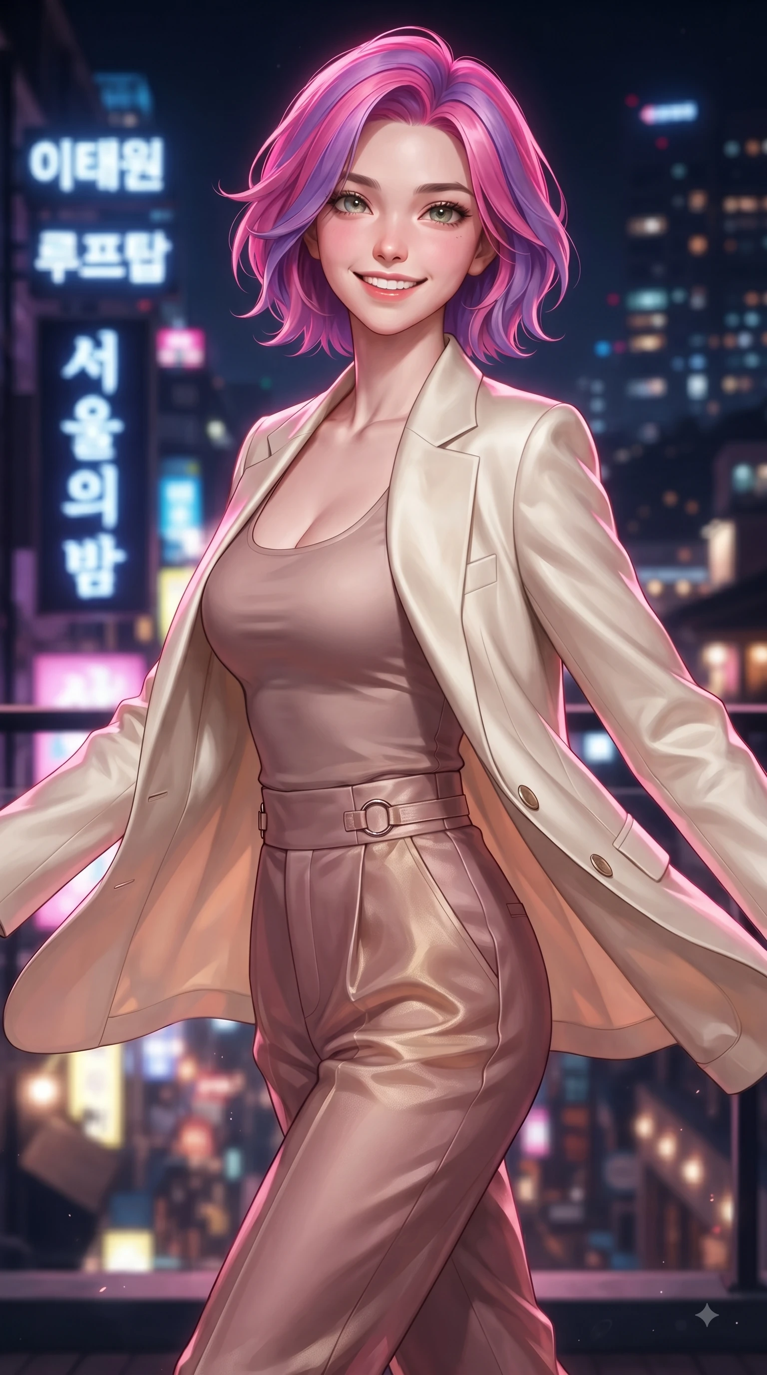 score_9, masterpiece, best quality, ultra-detailed, high-budget anime keyframe, editorial fashion photography, tasteful artistic composition, Caucasian woman. close-up cowboy shot from the waist and thighs up, the character dominates the composition, filling the frame with her large presence, background elements kept in soft focus. Youthful bright smile exuding pure cute charm and fresh energy, her torso turning dynamically into the lens while pivoting dynamically on a open-air Itaewon rooftop lounge as city night lights twinkle below, cool evening breeze fluttering her chic trendy outfit into fluid motions. She has an exceptionally elegant, slender, and willowy female figure with an ultra-slim waist, a gracefully sculpted slender torso, and a refined silhouette. sharp v-shaped jawline, high-bridge nose, intricate jewel-like eyes with depth, thick eyelashes, glossy lips with a natural sheen, flawlessly proportioned anatomical accuracy, natural body alignment, perfectly sculpted elegant limbs, clean dynamic posture without body distortion. wearing a tailored cream silk blazer over a form-contouring scoop-neck top and slacks in dusty rose and champagne gold, woven from fine semi-opaque sheer organza, accented with delicate chrome ring hardware framing her waist, the elegant draped fit framing her graceful clavicle and slender torso. illuminated by vibrant neon skyline glow and clear specular rim highlights. ultra-reflective glossy finish, specular highlights, metallic sheen, high-contrast stereoscopic depth, volumetric dynamic lighting, 2k, ultra detail, master piece, 9:16 ratio