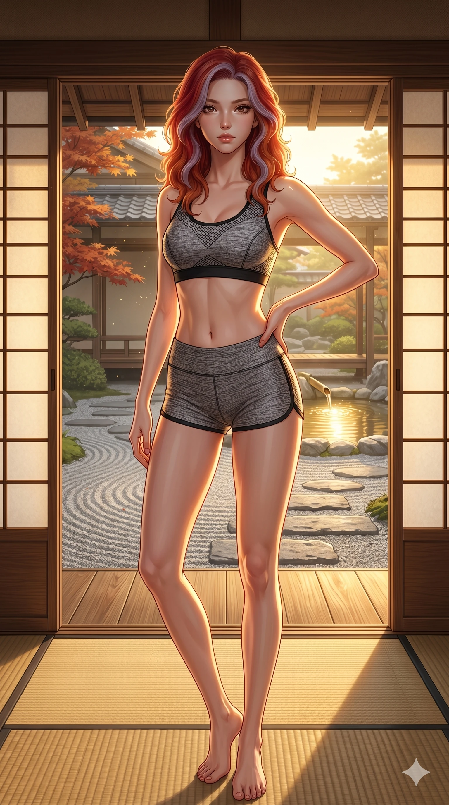 score_9, masterpiece, best quality, ultra-detailed, high-budget anime keyframe, editorial fashion photography, tasteful artistic composition, Caucasian woman, strictly human ears. cowboy shot from the thighs up, character and outfit filling the frame for maximum editorial presence. resting her hand on her hip, arching her back slightly to catch the warm afternoon sun in a traditional resort tatami tea room opening to a garden (Code-P19-078). She has an absolutely perfect 8-heads proportion, an exceptionally tall and slender female figure with impossibly long slender legs and an ultra-slim waist. V-shaped jawline, high-bridge nose, intricate jewel-like eyes with depth, thick eyelashes, glossy lips with a natural sheen. wearing a sports bra and micro-shorts set in athletic-mesh, showing her bare midriff and athletic build. golden light emanating from the water surface, creating a dramatic chiaroscuro effect. 2k, ultra detail, master piece, 9:16 ratio