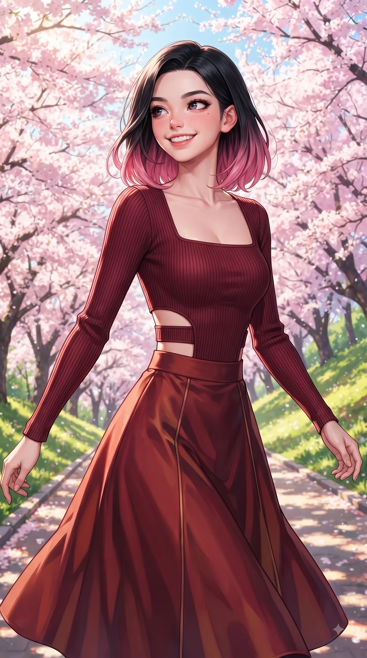 score_9, masterpiece, best quality, ultra-detailed, high-budget anime keyframe, editorial fashion photography, tasteful artistic composition, Korean woman. close-up cowboy shot from the waist and thighs up, the character dominates the composition, filling the frame with her large presence. Radiant youthful grin reflecting girlhood charm while casting a playful, joyful side-gaze with heavy lashes while walking up a sunlit hill path lined with blooming cherry trees in full spring bloom. The surrounding environment is rendered in vivid detail and crisp panoramic clarity. vibrant spring sunlight scattering through blooming flower arches with high clarity. She has an exceptionally elegant, slender, and willowy female figure with an ultra-slim waist, a gracefully sculpted slender torso, and a refined silhouette. sharp v-shaped jawline, high-bridge nose, intricate jewel-like eyes with depth, thick eyelashes, glossy lips with a natural sheen, flawlessly proportioned anatomical accuracy, natural body alignment, perfectly sculpted elegant limbs, clean dynamic posture without body distortion. wearing a chic square-neck ribbed top paired with a flowing A-line midi skirt in deep burgundy red and bronze accent, made of lustrous stretch velvet, complemented by clean architectural cutouts along her slender torso, the sleek second-skin texture accentuating her magnetic presence. surrounded by a fresh, sweet, and nostalgic spring park atmosphere. ultra-reflective glossy finish, specular highlights, metallic sheen, high-contrast stereoscopic depth, volumetric dynamic lighting, 2k, ultra detail, master piece, 9:16 ratio