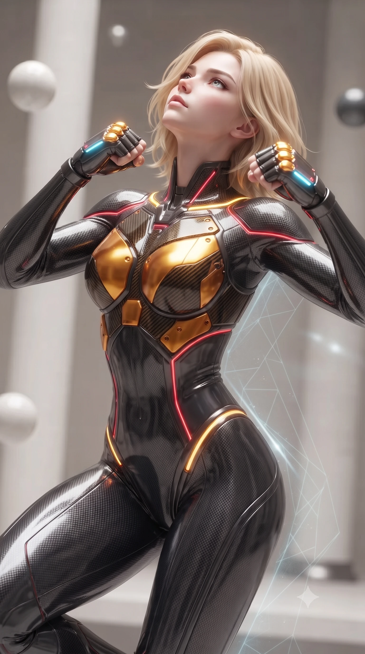 score_9, masterpiece, best quality, ultra-detailed, high-budget anime keyframe, editorial fashion photography, tasteful artistic composition, Caucasian woman. close-up cowboy shot from the waist and thighs up, the character dominates the composition, filling the frame with her large presence. tilting her head back with serene warrior composure, her sharp jawline and sculpted collarbones highlighted by glowing neon kinetic knuckles while launching off the transparent glass dome wall with supersonic speed, leaving a faint geometric data trail behind her silhouette. The composition keeps background elements in soft focus with creamy bokeh. minimalist quartz dojo pillars and floating zero-G training spheres softened in smooth atmospheric depth of field. She has an exceptionally elegant, slender, and willowy female figure with an ultra-slim waist, a gracefully sculpted slender torso, toned flat midriff, and a refined slim silhouette. sharp v-shaped jawline, high-bridge nose, intricate jewel-like eyes with depth, thick eyelashes, glossy lips with a natural sheen, flawlessly proportioned anatomical accuracy, strict slender model proportions, natural body alignment, perfectly sculpted long slender limbs, ultra-slim waistline, clean dynamic posture without body distortion. wearing a second-skin dark gunmetal carbon-weave battle-suit with crimson laser conduits and high-frequency knuckle strike plates in molten amber-gold carbon cuirass with dark titanium weave, crafted from ultra-strong woven carbon-fiber composite with a satin luster, accented with glowing fiber-optic conduits tracing her collarbones and hip curves, the sleek second-skin cut tightly hugging her graceful clavicle, narrow waist, and feminine curves with athletic precision. surrounded by an awe-inspiring, serene, and radiantly supreme celestial martial goddess aura. ultra-reflective glossy finish, specular highlights, dark metallic sheen, high-contrast stereoscopic depth, volumetric dynamic lighting, 2k, ultra detail, master piece, 9:16 ratio